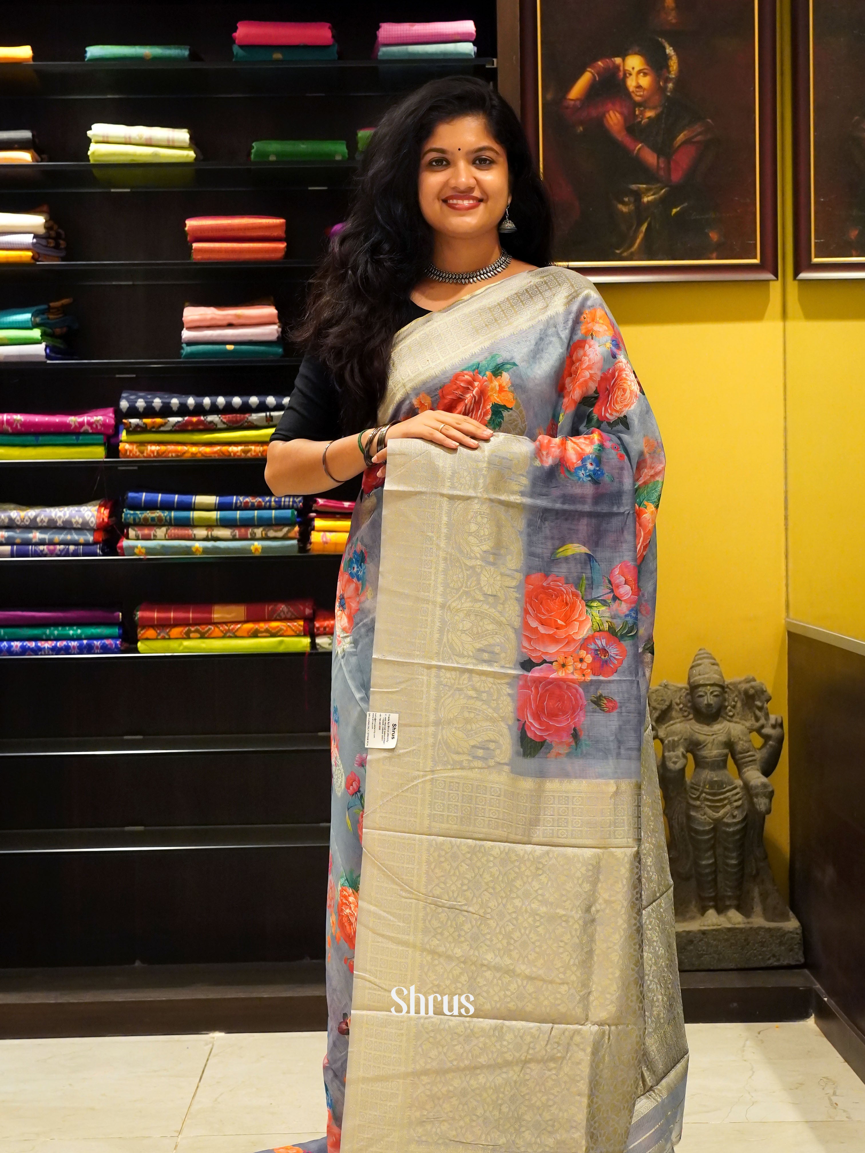 Bluish Grey(Single Tone)- Semi Jute with digital floral print on the body & Zari Border - Shop on ShrusEternity.com
