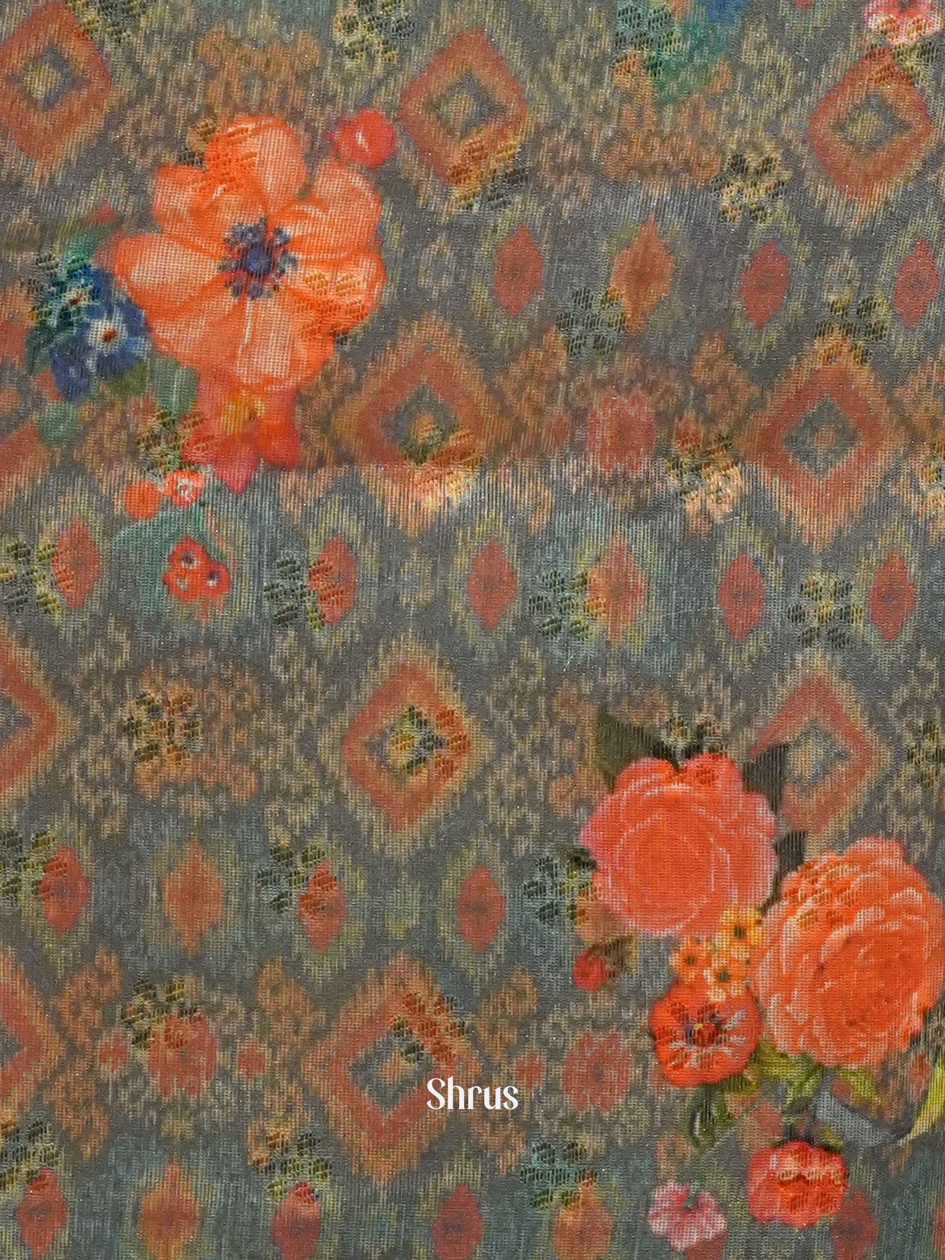 Bluish Grey(Single Tone)- Semi Jute with digital floral print on the body & Zari Border - Shop on ShrusEternity.com