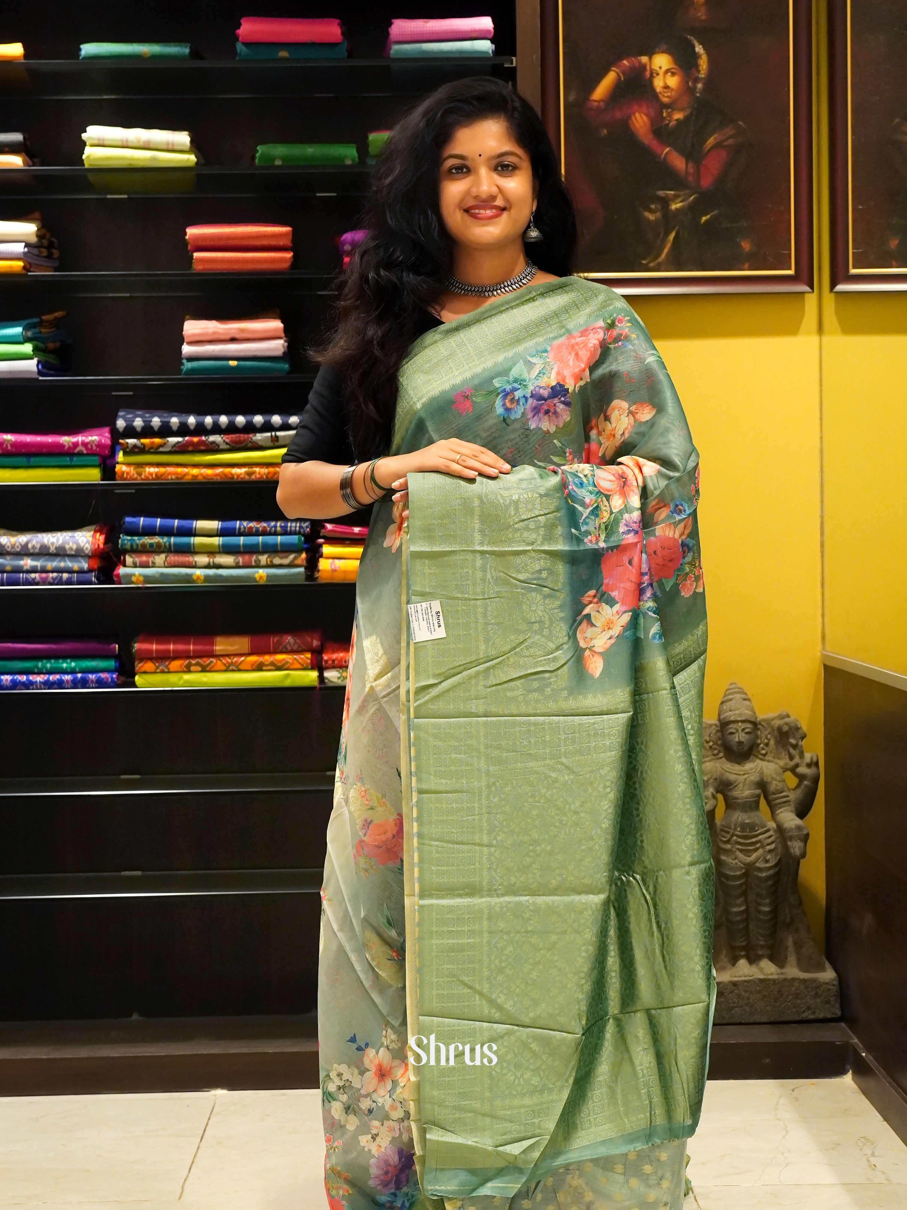 Pastel Green(Single Tone)- Semi Jute with digital floral print on the body & Zari Border - Shop on ShrusEternity.com