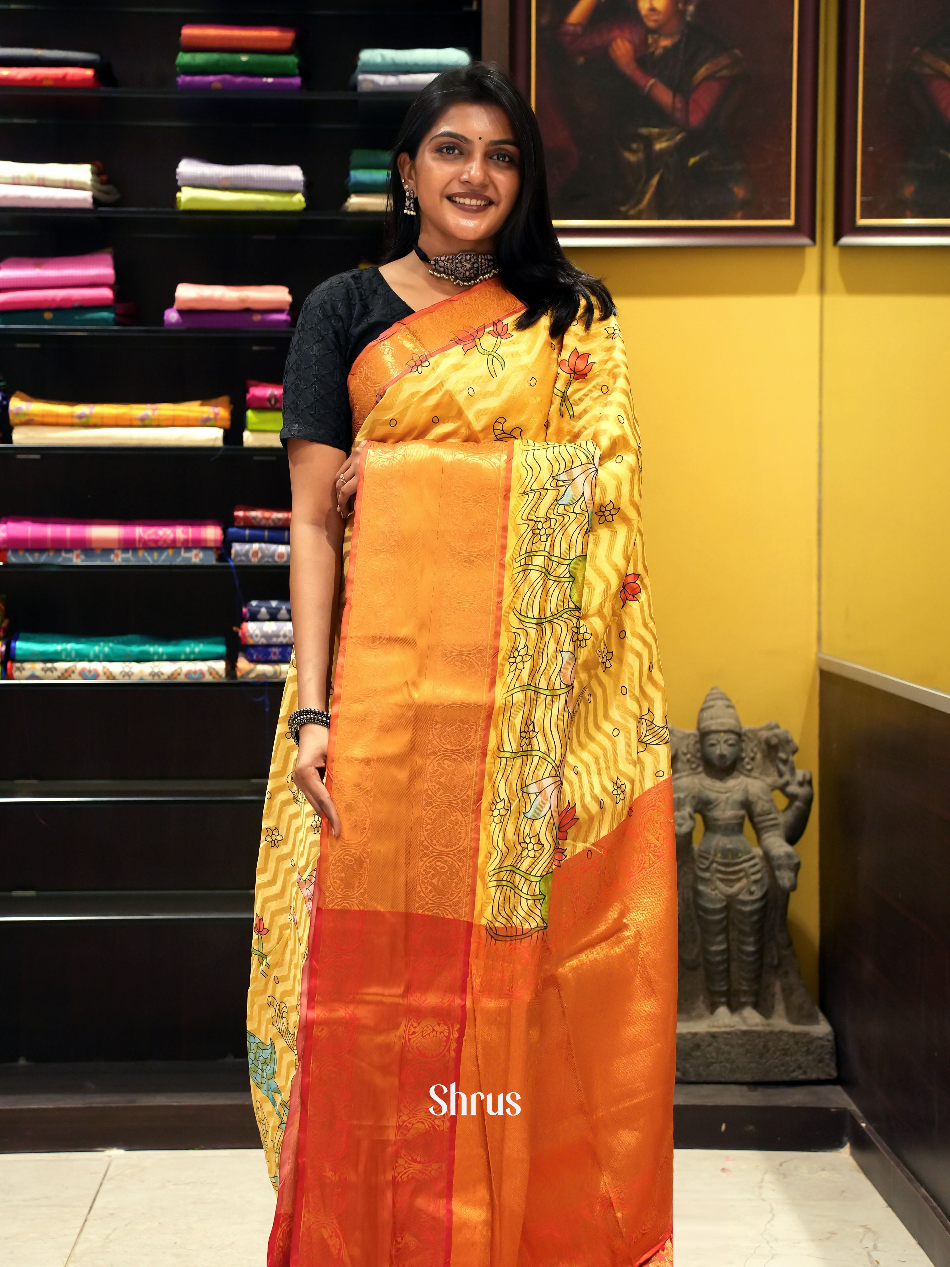 Yellow & Orange - Semi Dupion with floral print on the body & Contrast zari Border - Shop on ShrusEternity.com