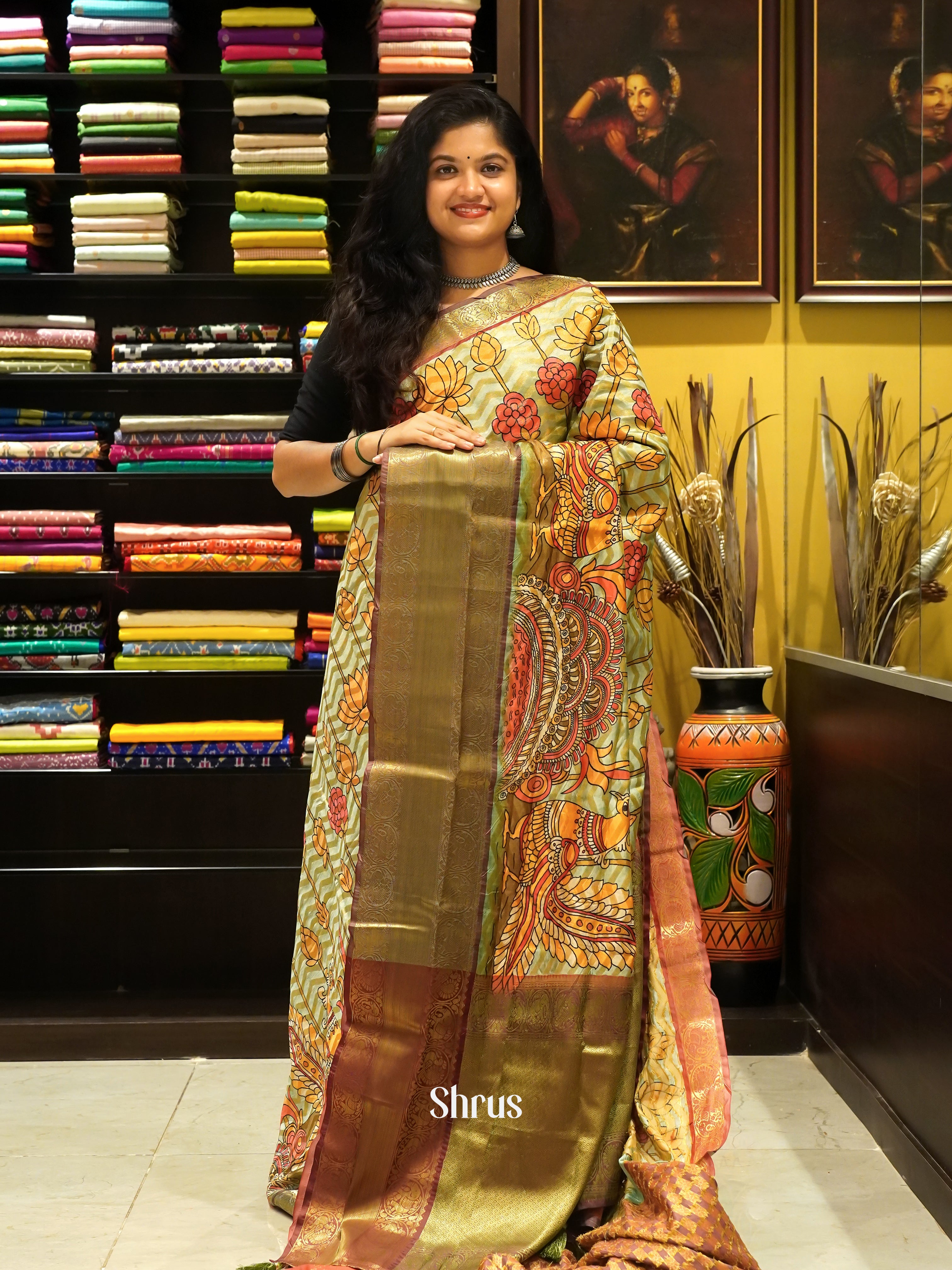 Sea Green & Deep Wine-Semi Dupion with Kalamkari print on the body and contrast zari border - Shop on ShrusEternity.com