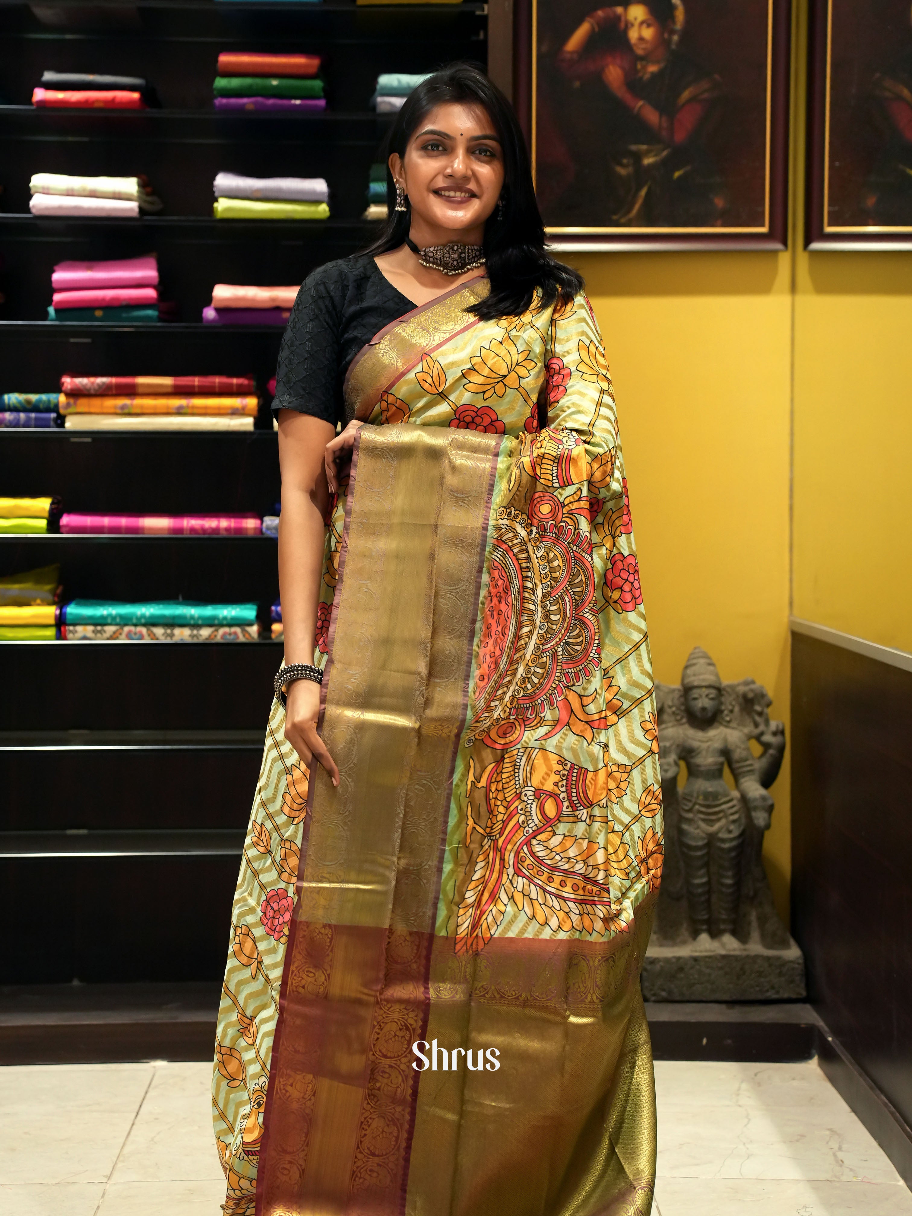 Sea Green & Deep Wine-Semi Dupion with Kalamkari print on the body and contrast zari border - Shop on ShrusEternity.com