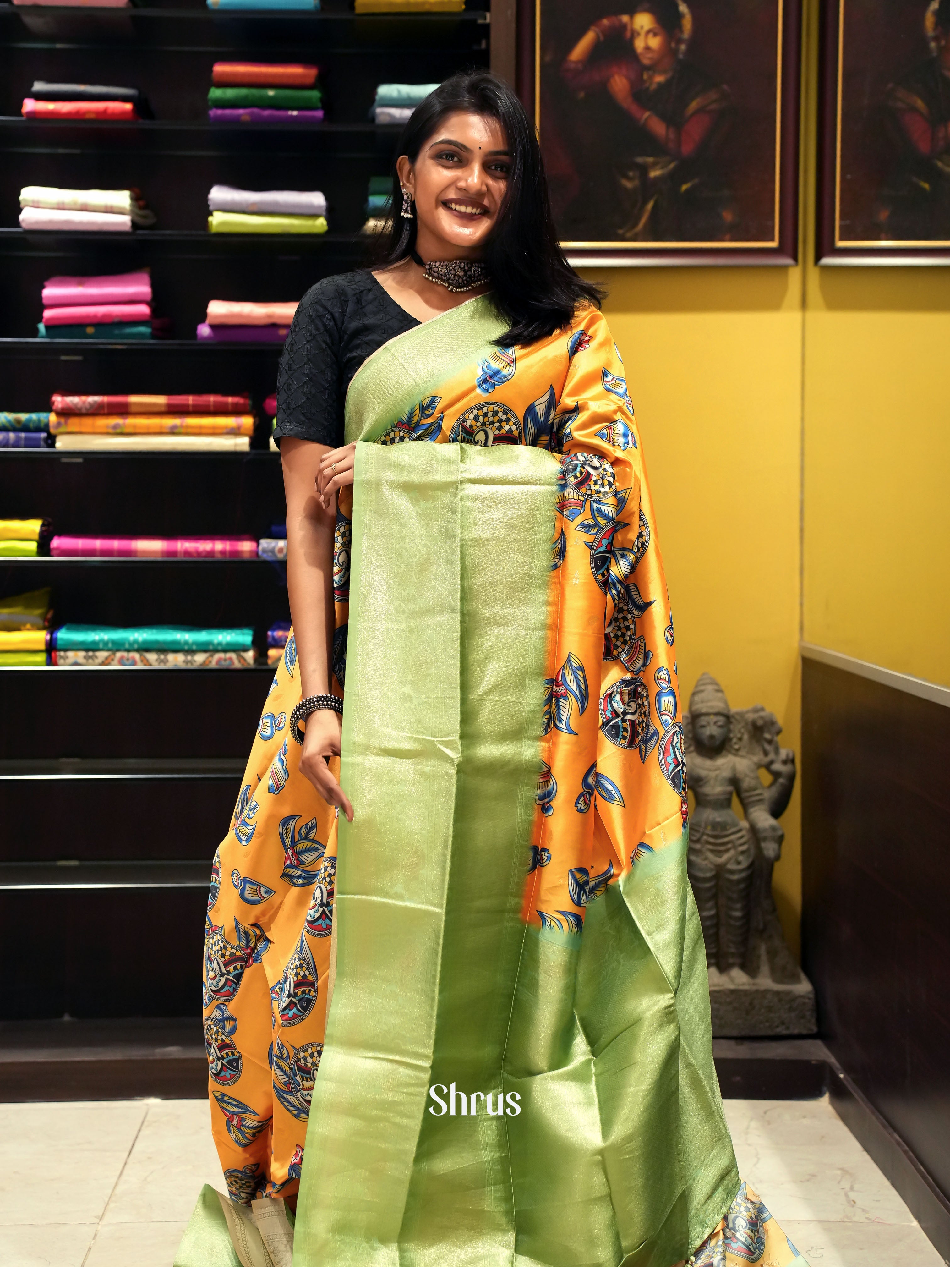Mambala Yellow & Green - Semi Dupion with floral print on the body & Contrast Zari Border - Shop on ShrusEternity.com