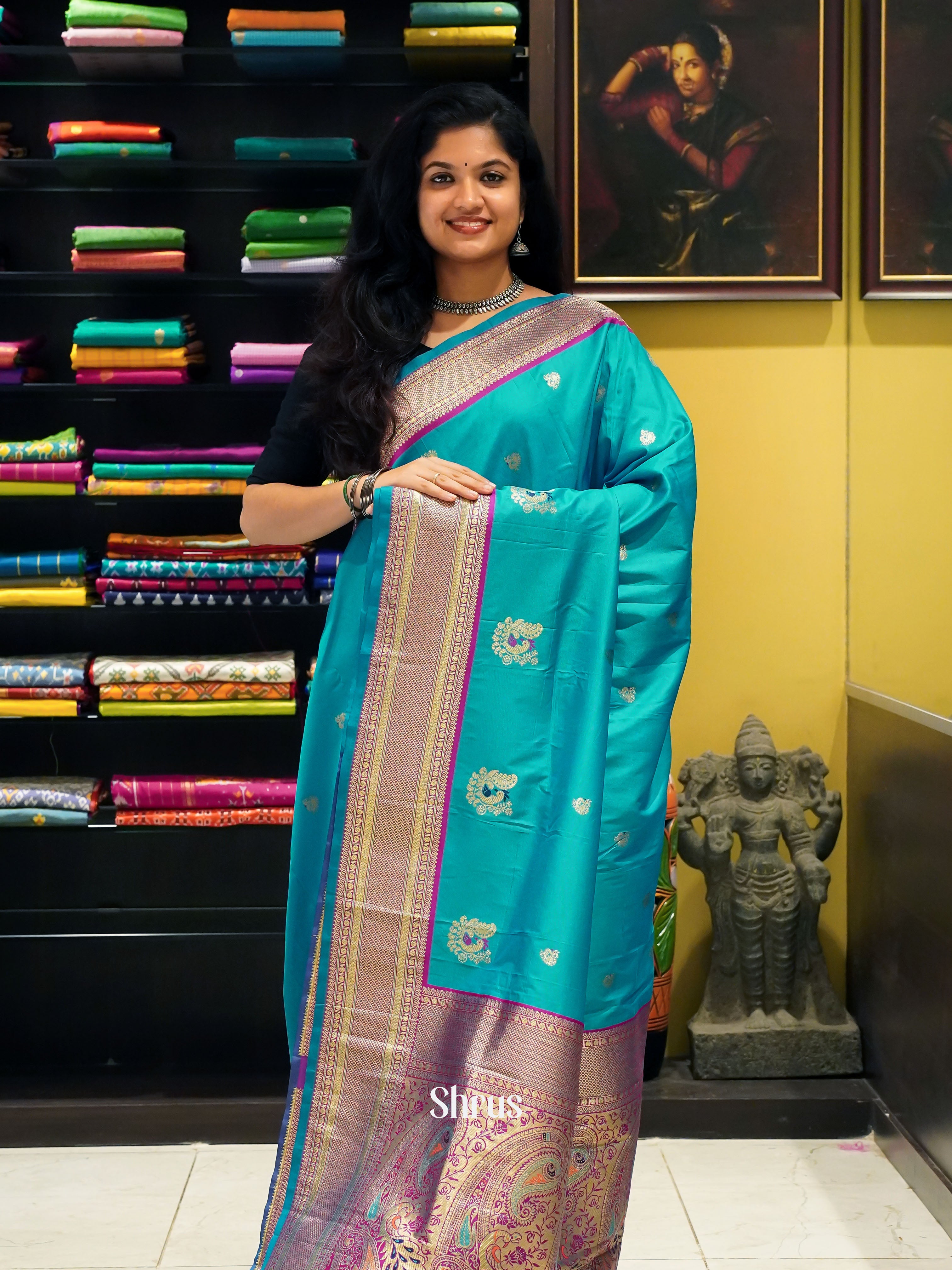 Blue & Pink - Semi kanchipuram saree - Shop on ShrusEternity.com