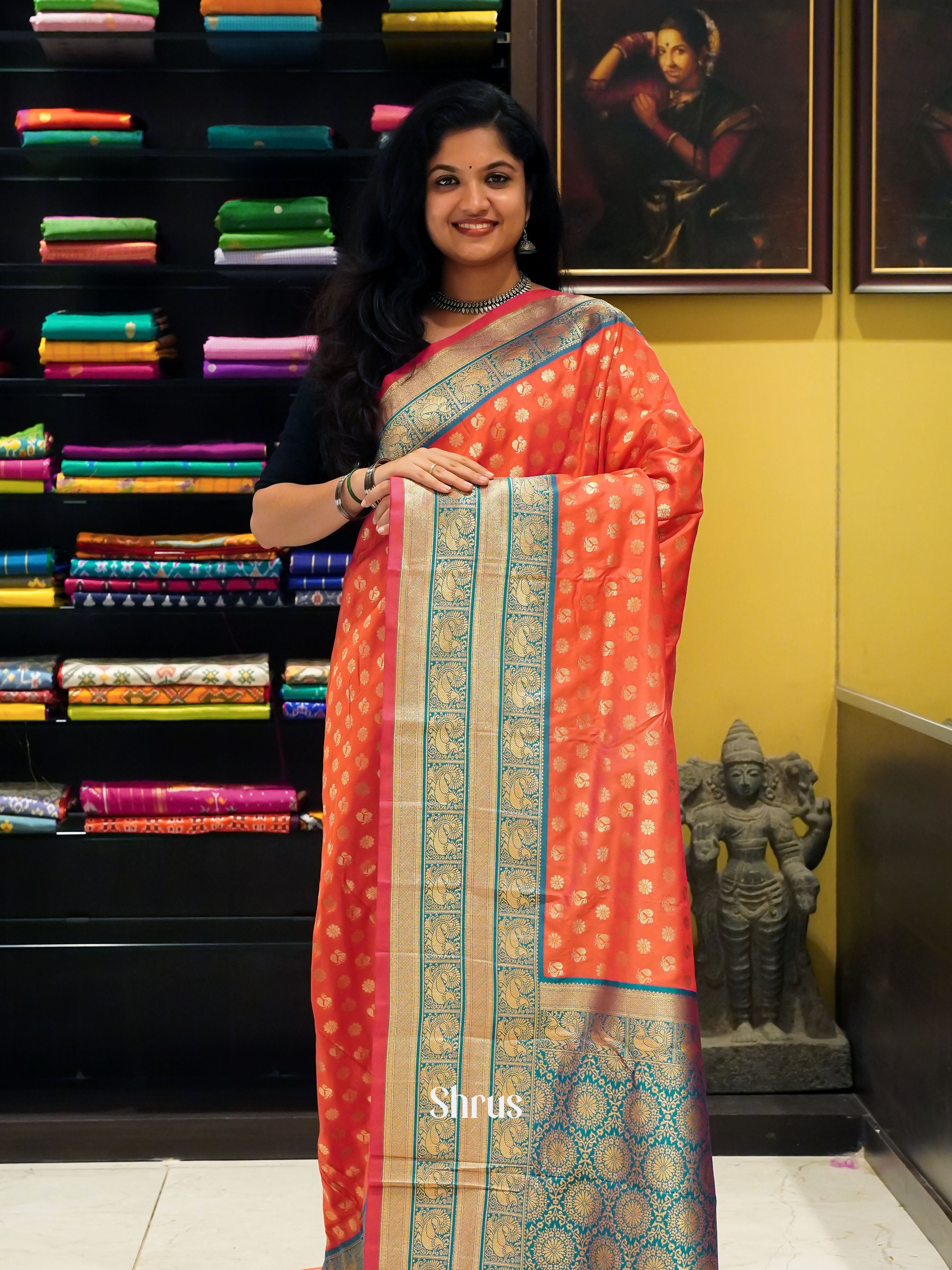 Pink & Purple -Semi Kanchipuram with Zari woven floral , peacock buttas on the body & Contrast Zari Border - Shop on ShrusEternity.com