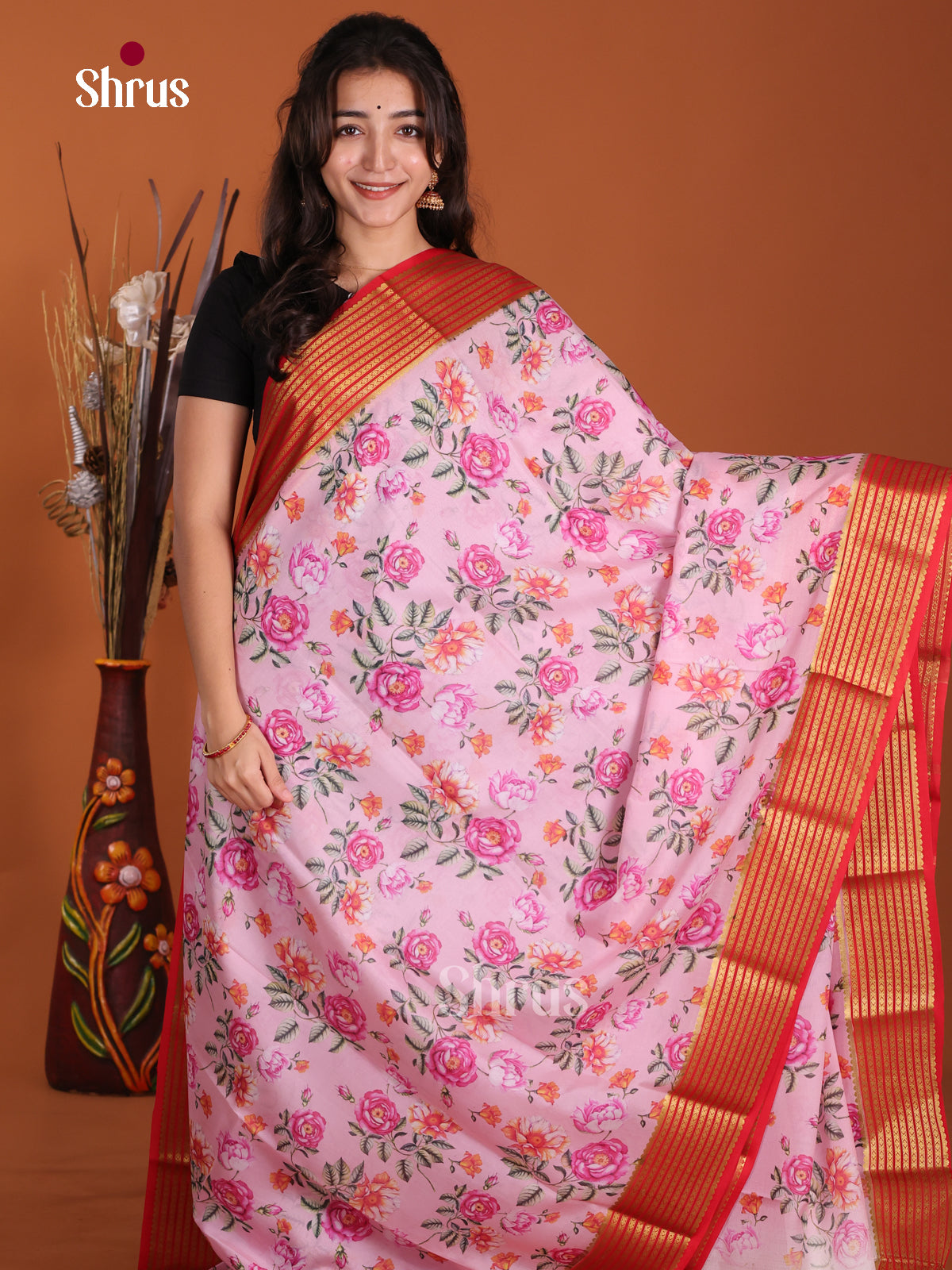 Buy Luxurious Baby Pink Mysore Crepe Silk Saree with Floral Prints, Orange Striped Zari Border & Chit Pallu