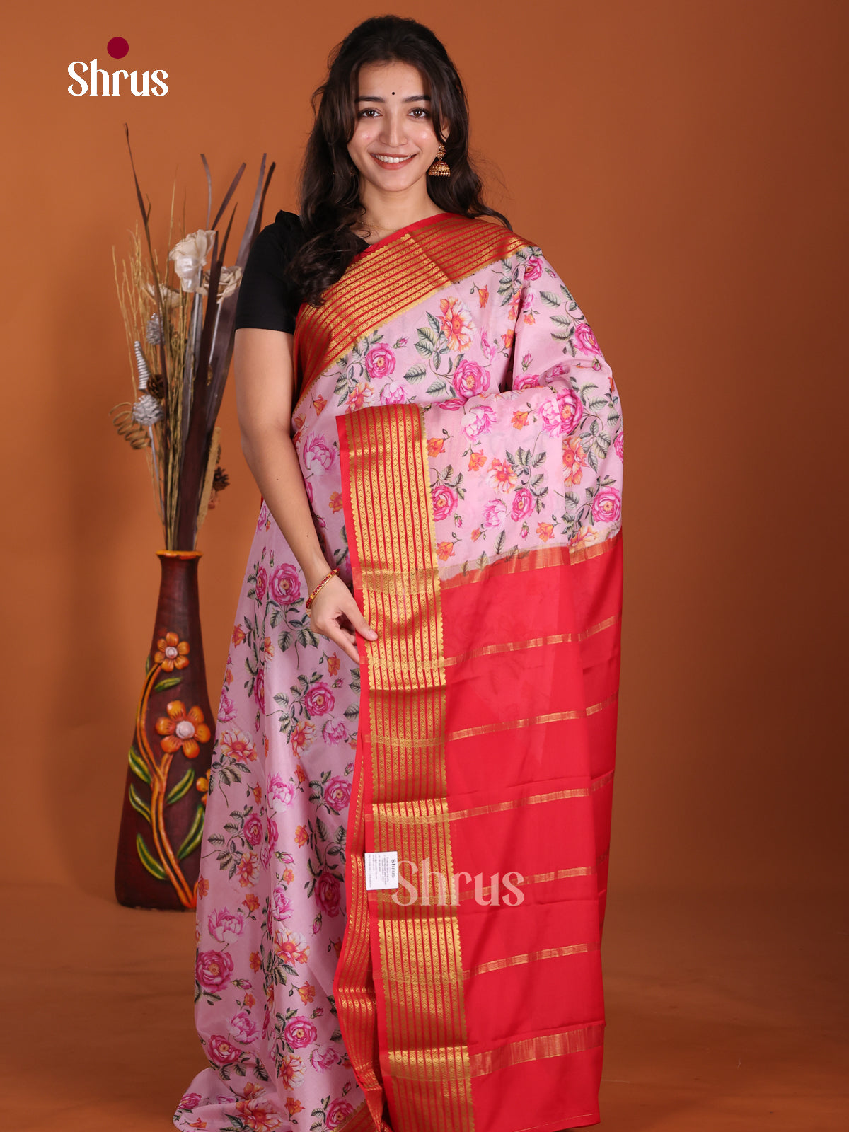Buy Luxurious Baby Pink Mysore Silk Saree with Floral Prints, Orange Striped Zari Border & Chit Pallu