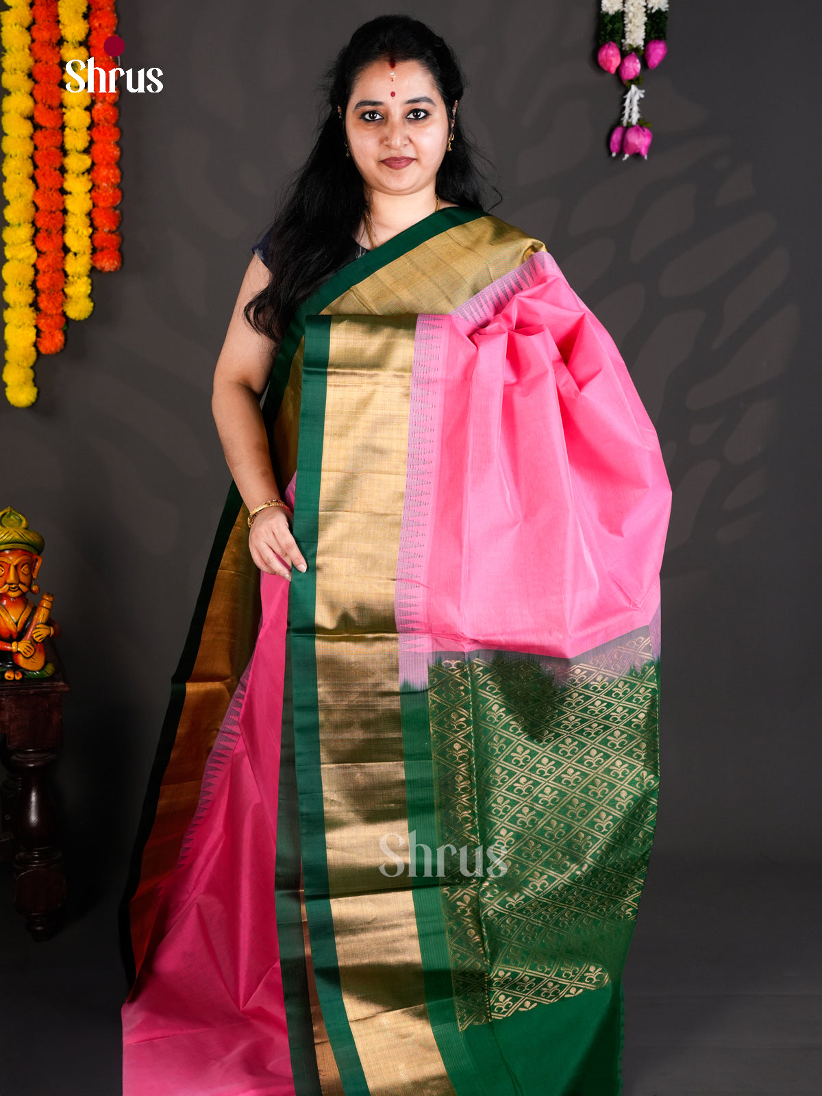 Buy Pretty Baby Pink Pure Silk Cotton Saree with Green Temple Border & Zari Brocade Pallu
