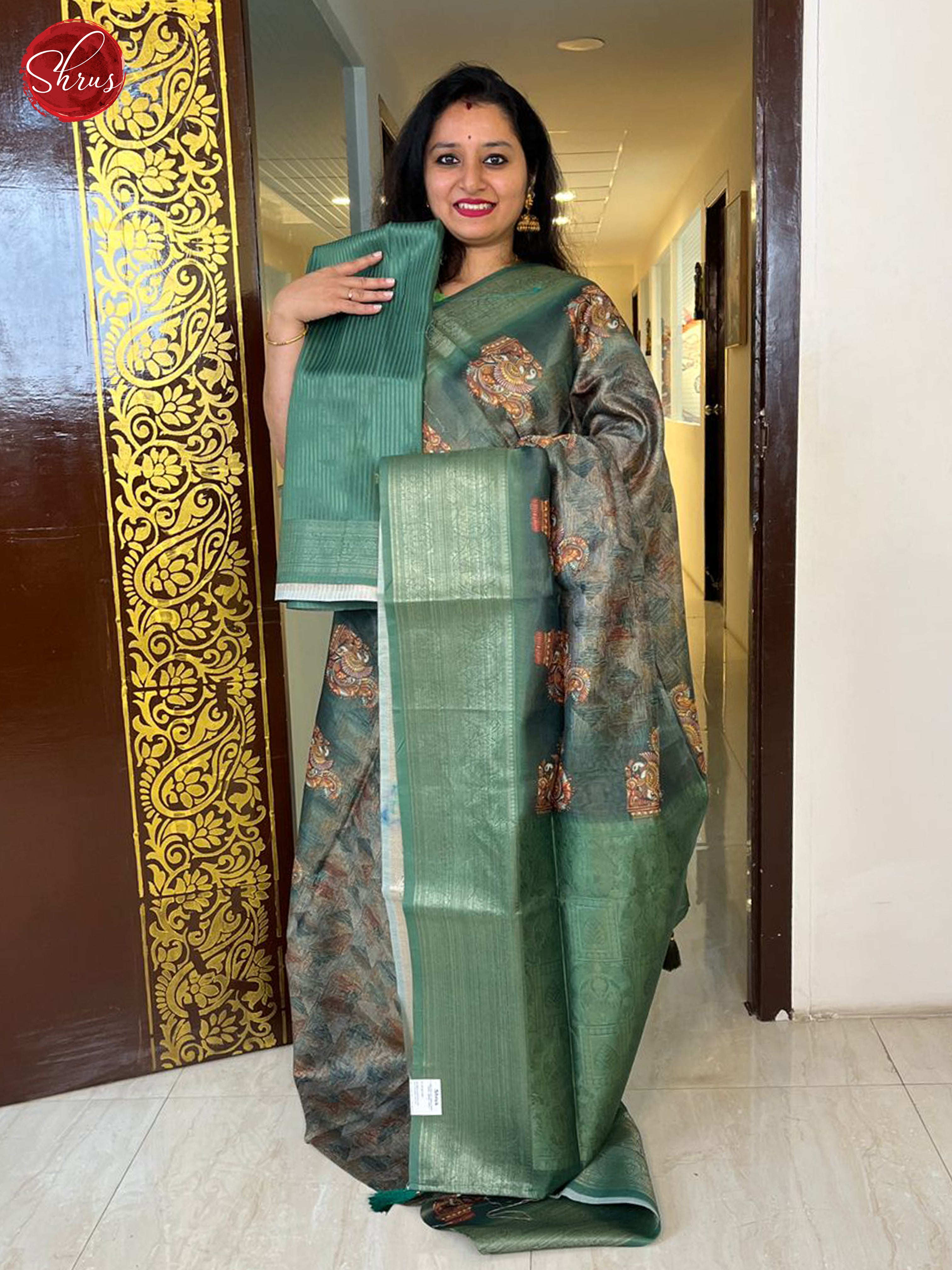 Grey & Green - Semi Jute with floral Print on the Body & contrast zari Border - Shop on ShrusEternity.com
