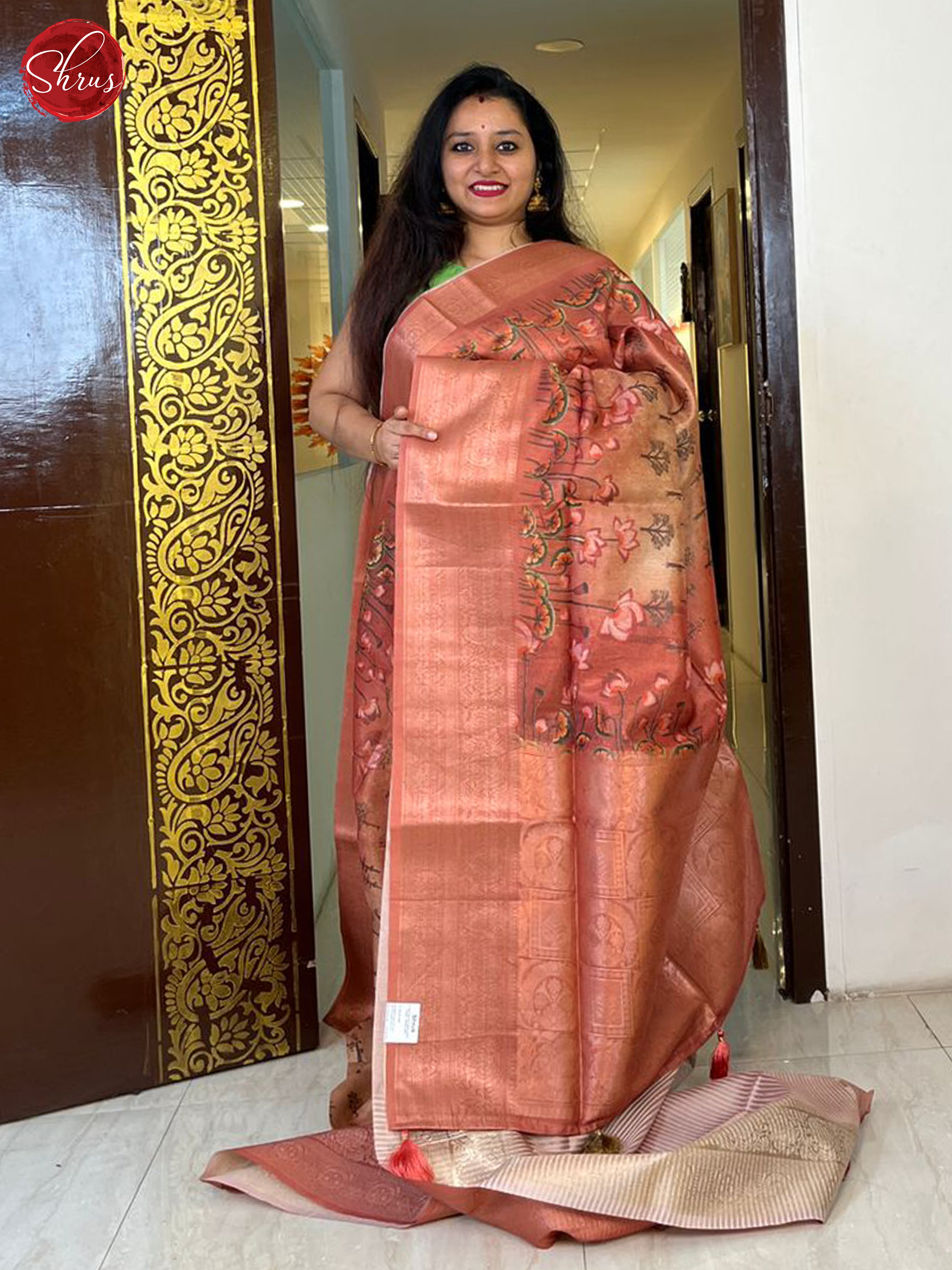 Gold & Brown - Semi Jute with floral Print on the Body & contrast zari Border - Shop on ShrusEternity.com