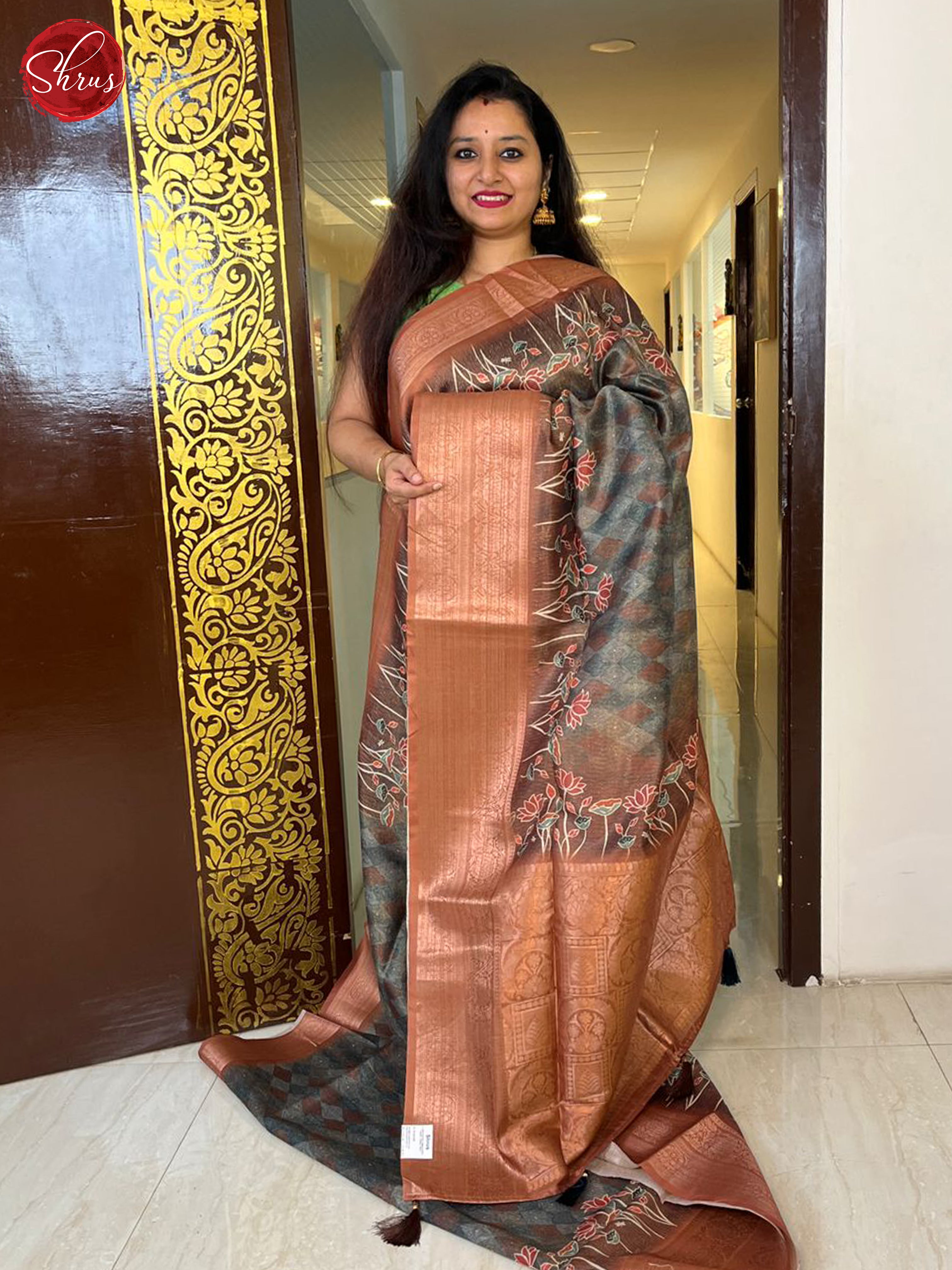 Grey & Brown - Semi Jute with floral Print on the Body & contrast zari Border - Shop on ShrusEternity.com