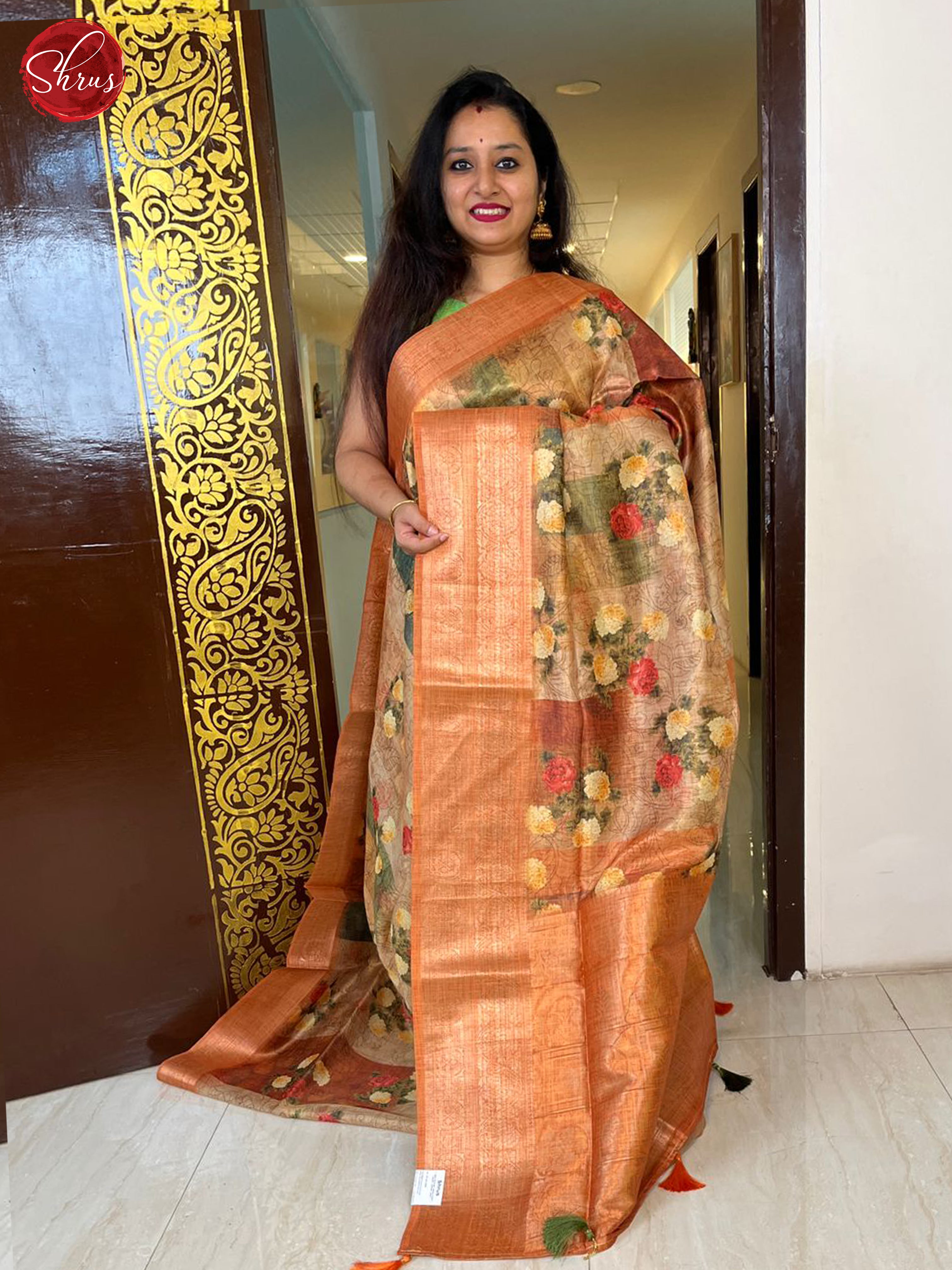 Brick (Single Tone)- Semi Jute with floral Print on the Body & zari Border - Shop on ShrusEternity.com