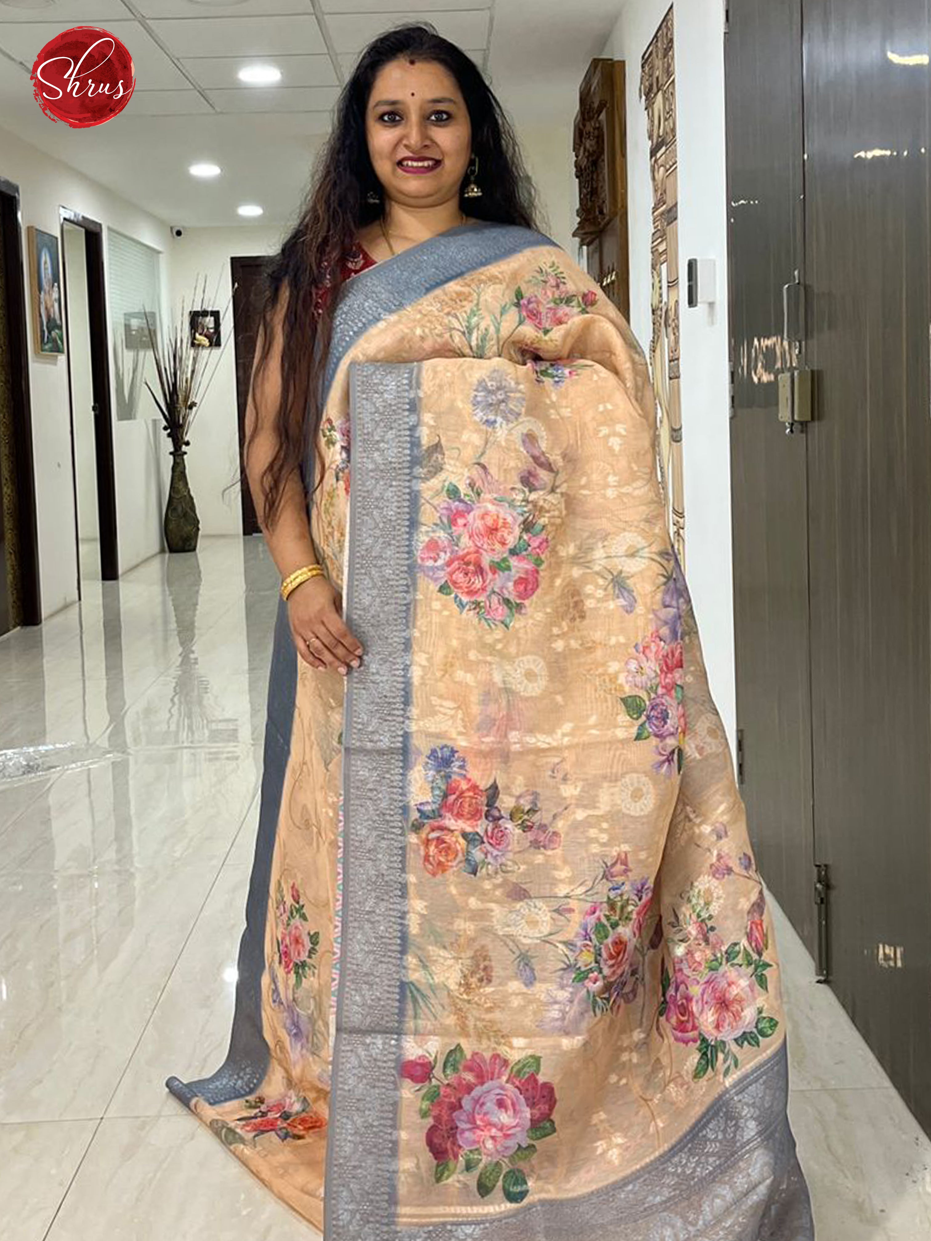 Sandal & Grey - Semi Chanderi with floral print on the body & Zari Border - Shop on ShrusEternity.com