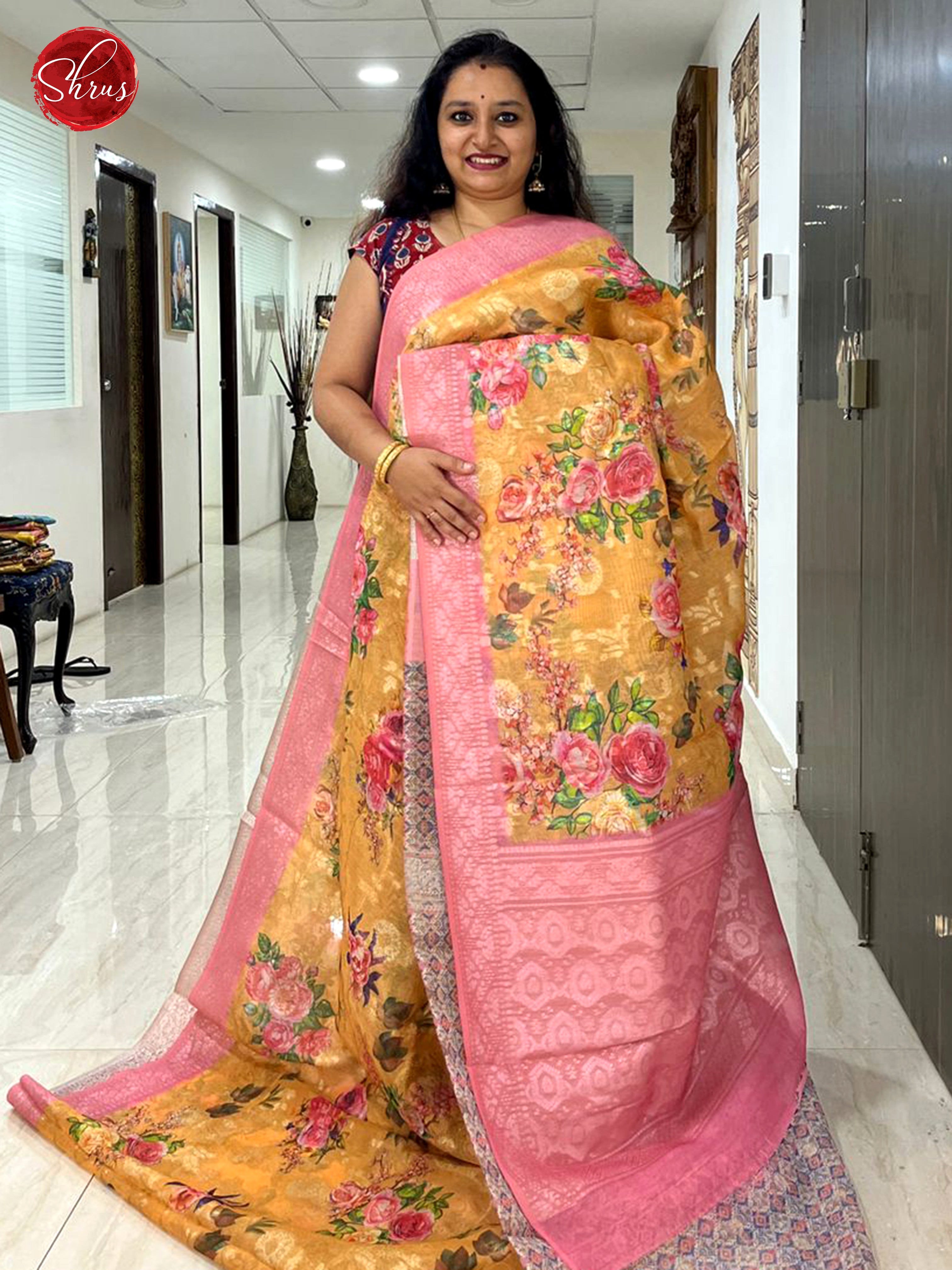 Yellow & Pink - Semi Chanderi with floral print on the body & Zari Border - Shop on ShrusEternity.com