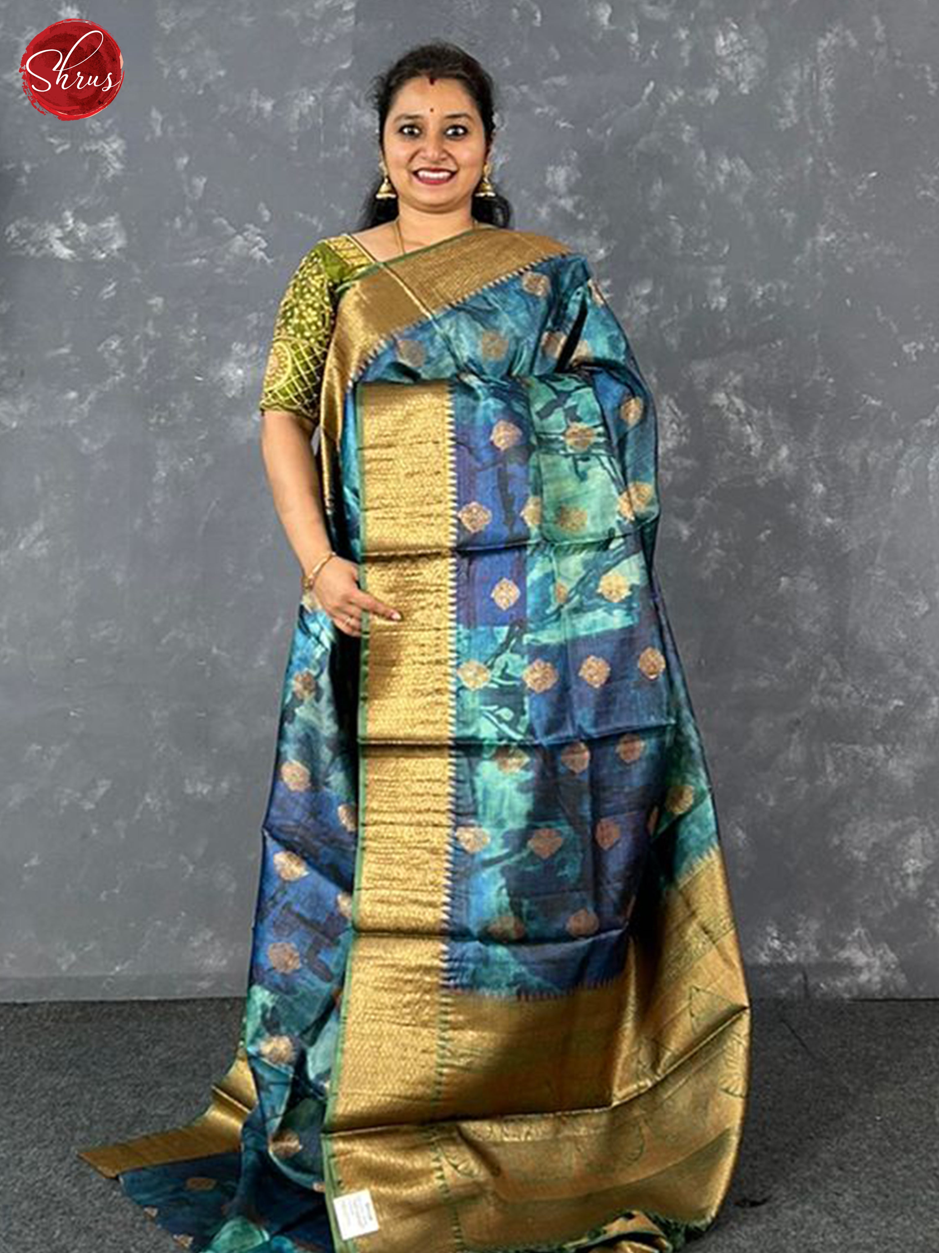 Blue & Green - Tussar with zari woven floral motifs on the body & Zari Border - Shop on ShrusEternity.com
