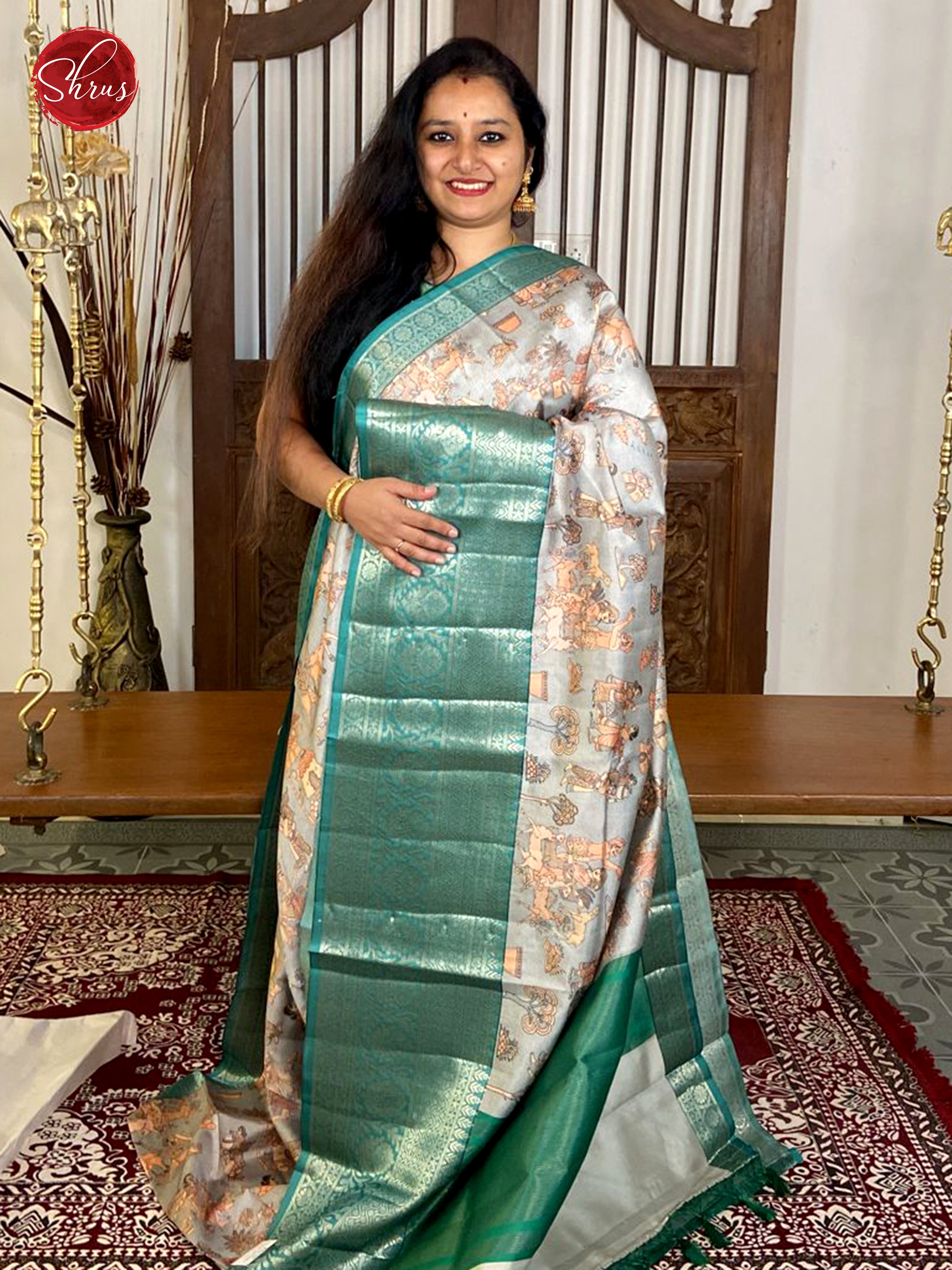 Grey & Green - Semi Dupion Saree - Shop on ShrusEternity.com