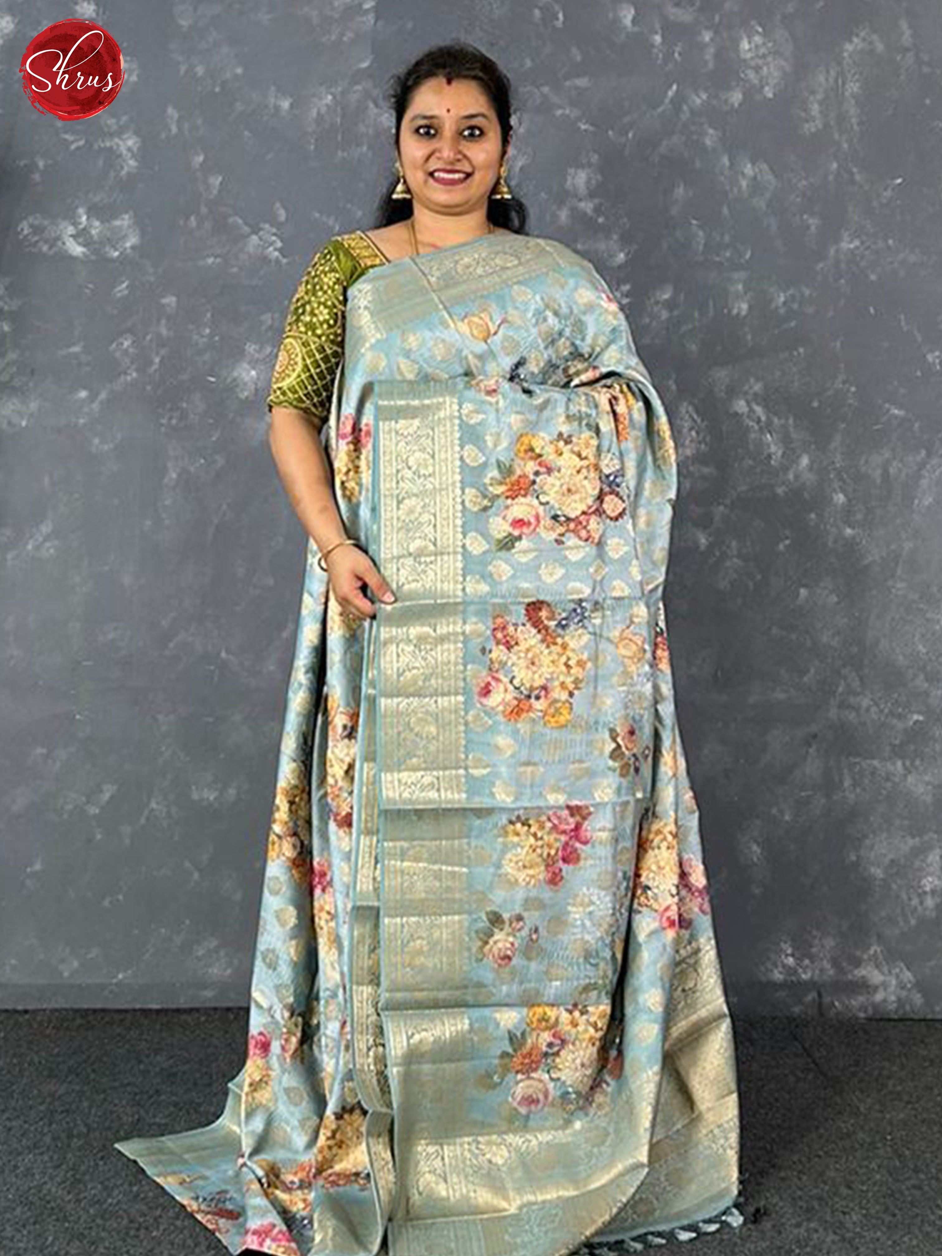 Blue(Single Tone)- Tussar with floral print , zari buttas on the body& Zari Border - Shop on ShrusEternity.com