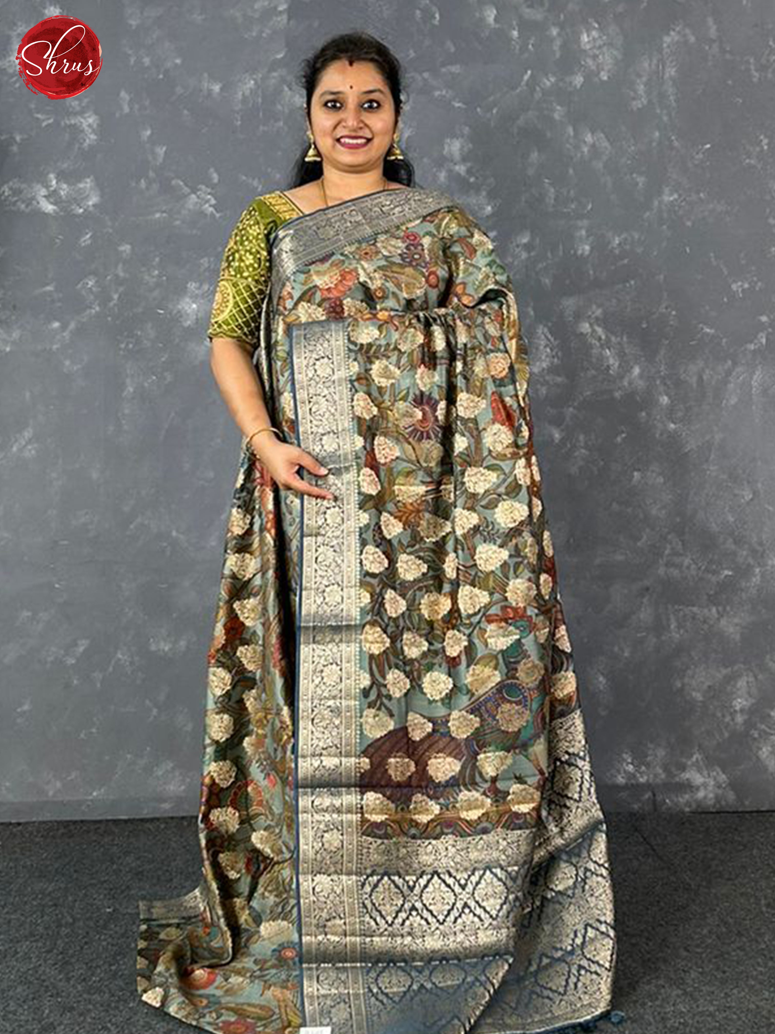 Greenish Grey & Blue - Tussar with zari woven floral motifs , floral print on the body & contrast zari border - Shop on ShrusEternity.com