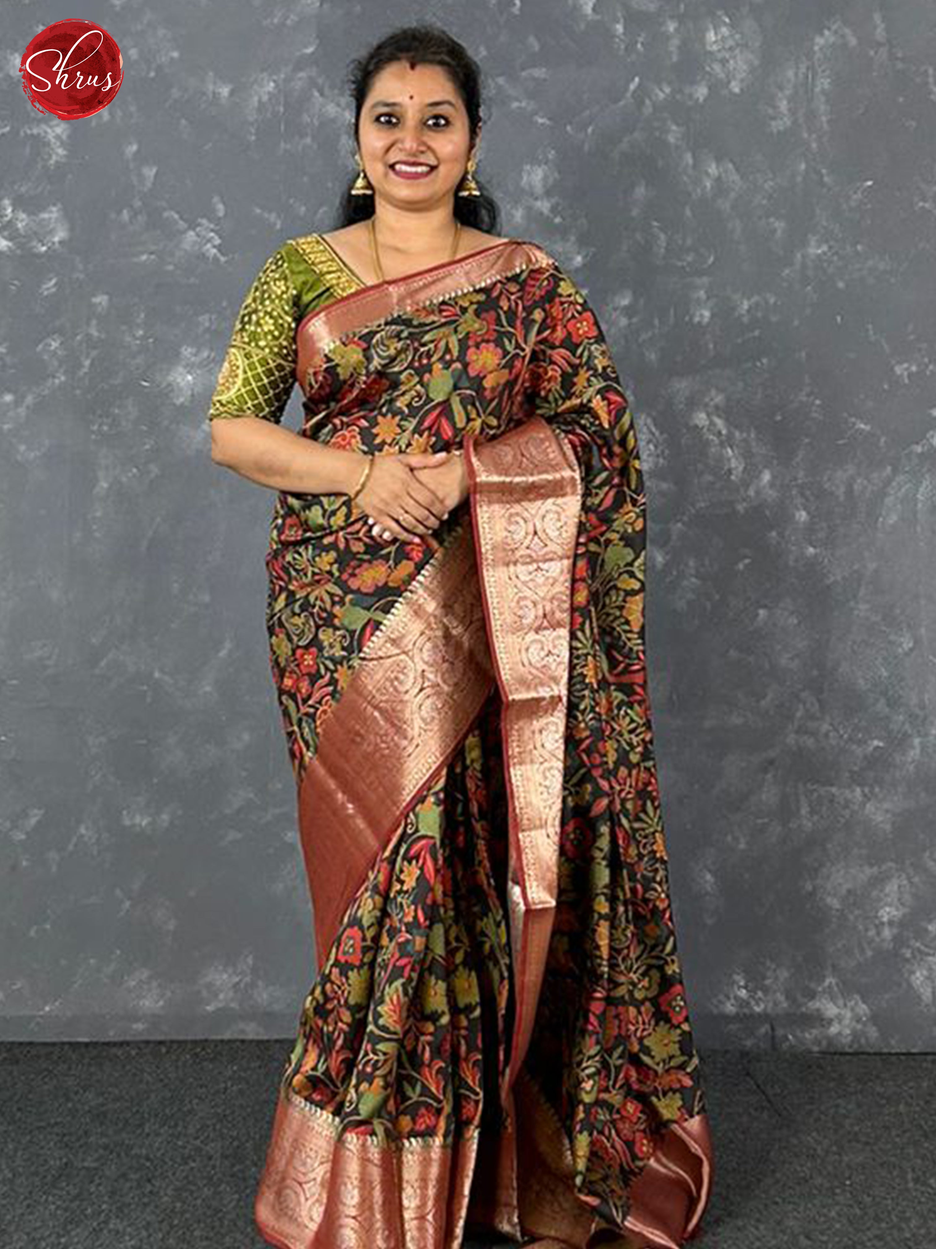Black & Red - Tussar with floral print on the body & contrast zari border - Shop on ShrusEternity.com