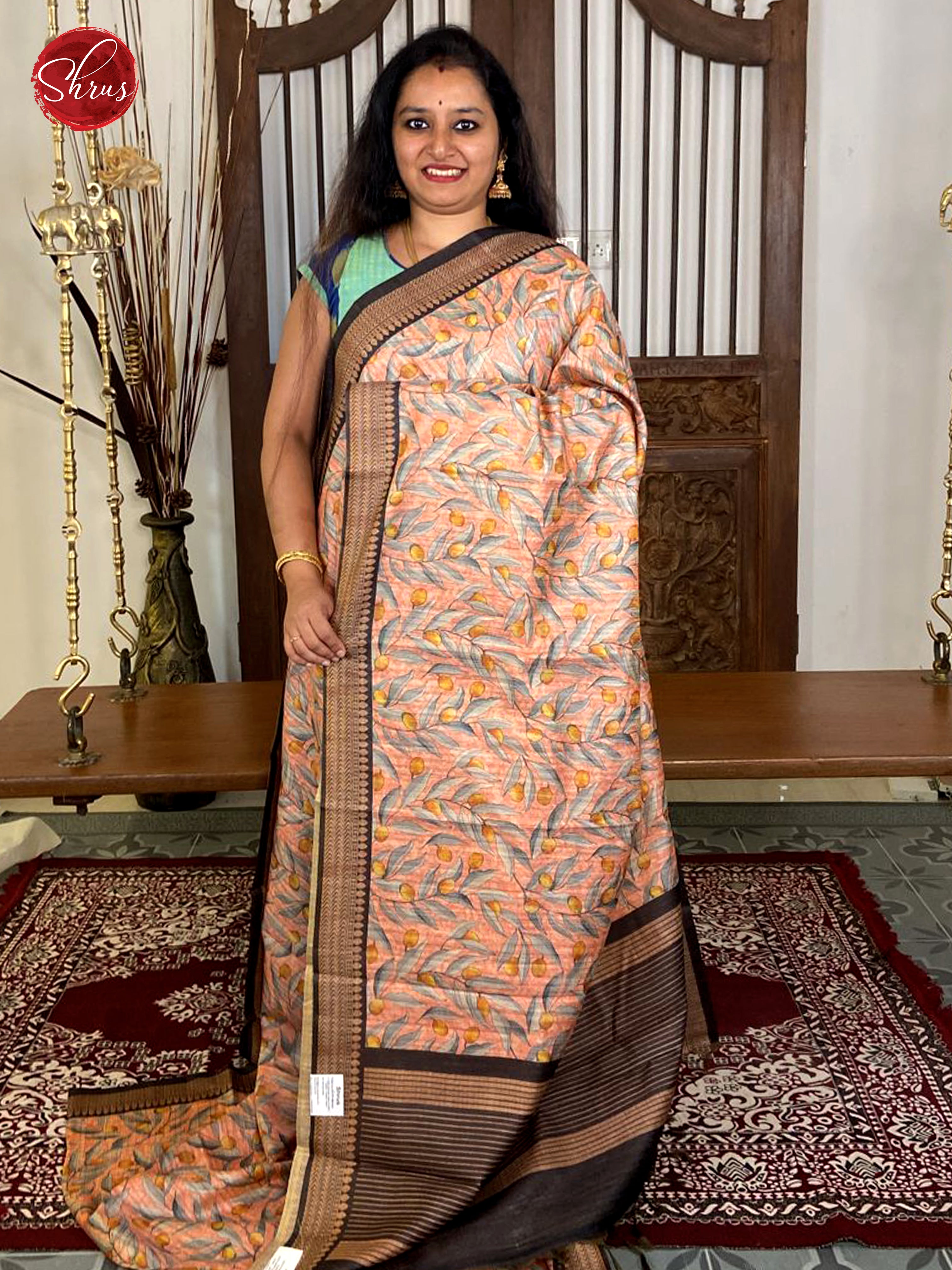 Peachish pink & Brown - Semi Gicha with floral print on the body & Zari Border - Shop on ShrusEternity.com