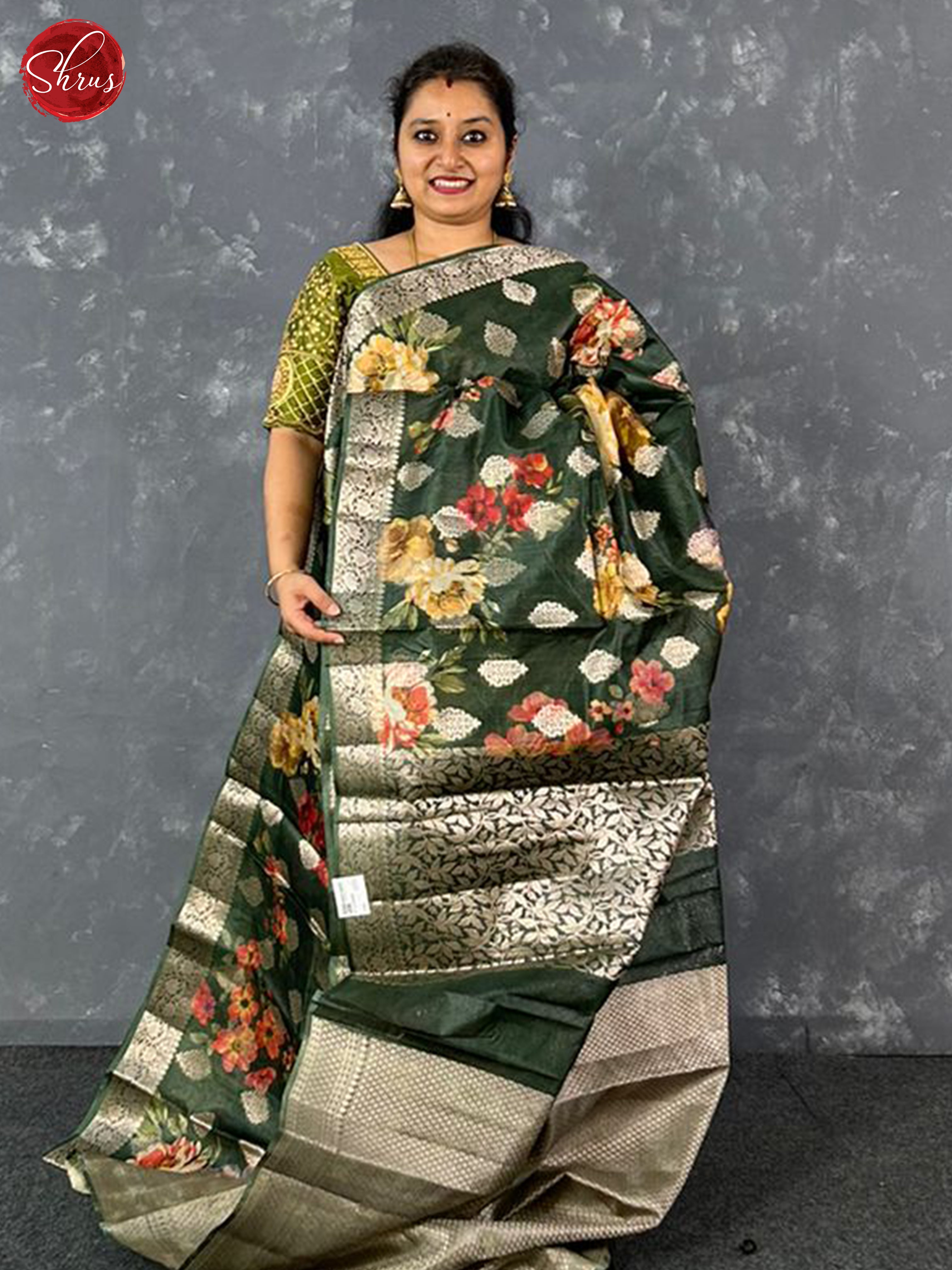 Green(Single Tone)-Tussar Silk with floral print ,zari woven floral motifs on the Body & Zari Border - Shop on ShrusEternity.com