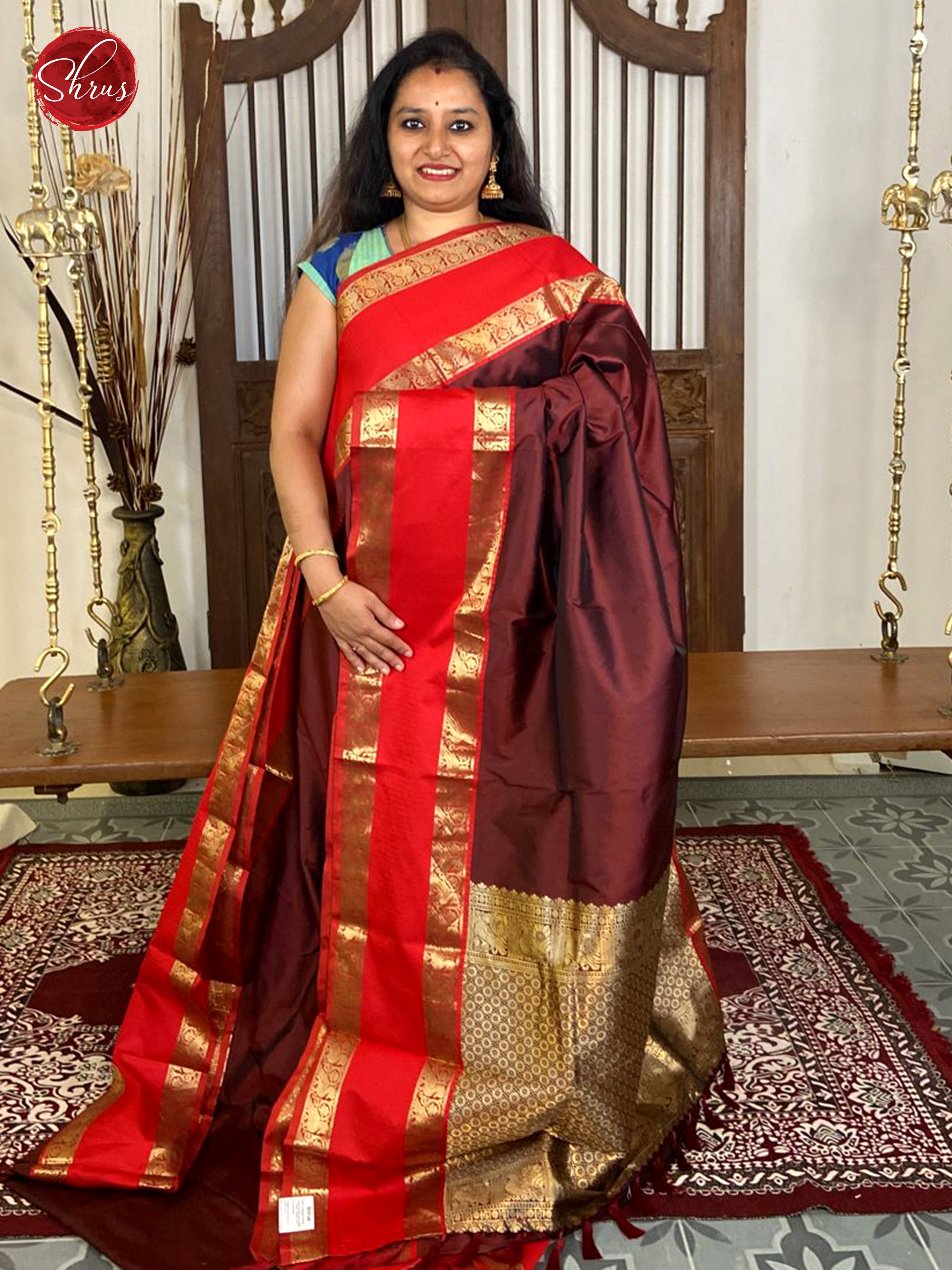 Brown and Red- Semi Kanchipuram Silk Saree - Shop on ShrusEternity.com
