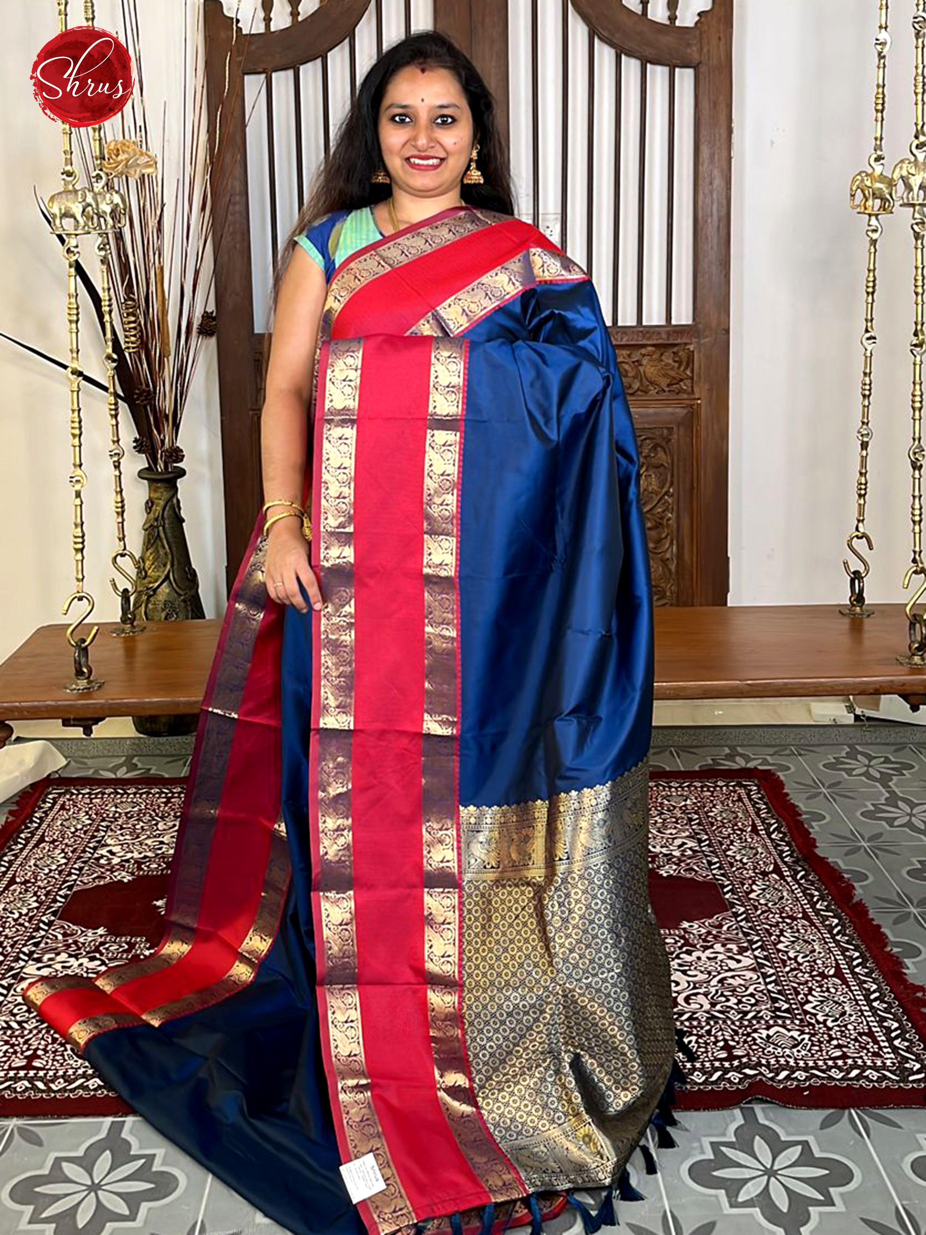 Blue & Red - Semi Kanchipuram Silk Saree - Shop on ShrusEternity.com