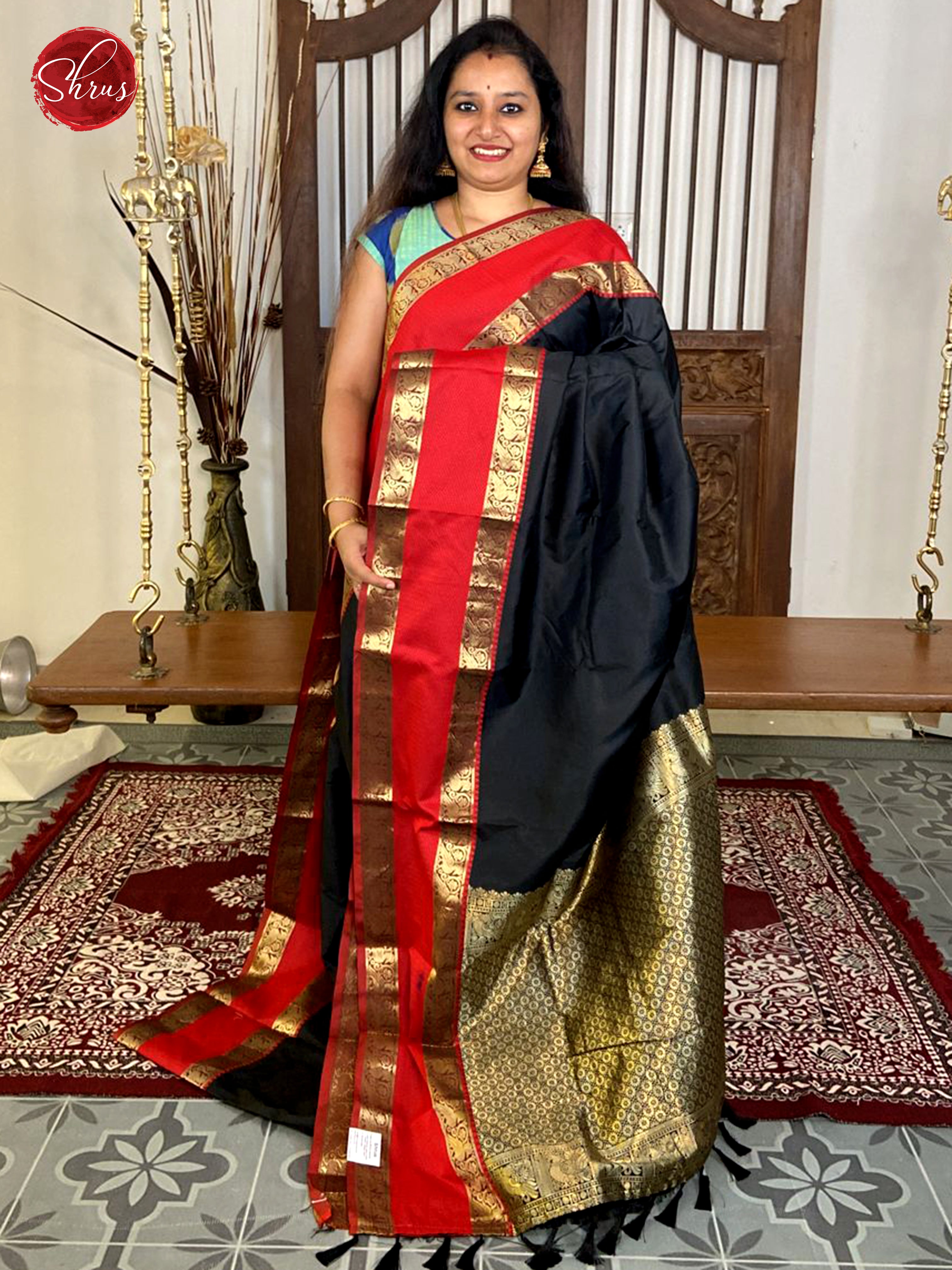 Black & Red - Semi Kanchipuram Silk - Shop on ShrusEternity.com