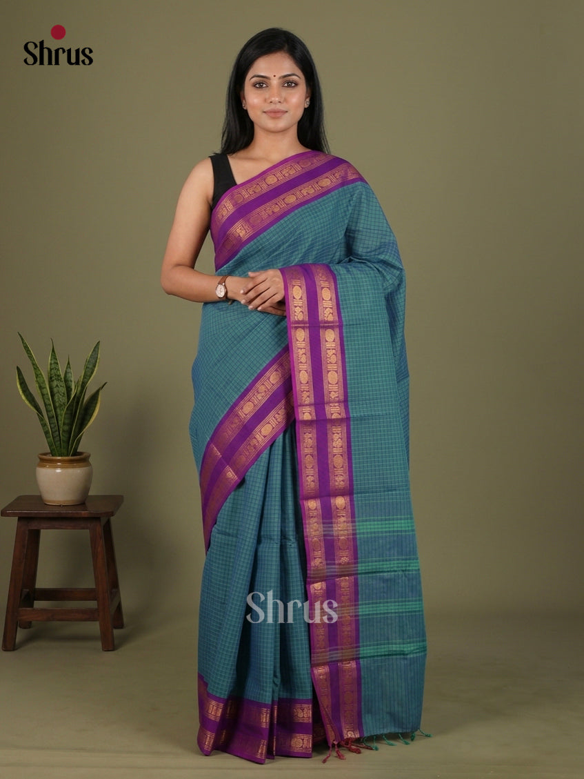Chettinad Cotton Saree With Micro Checks & Purple Rettapet Zari Border - Shop on Shrus.com