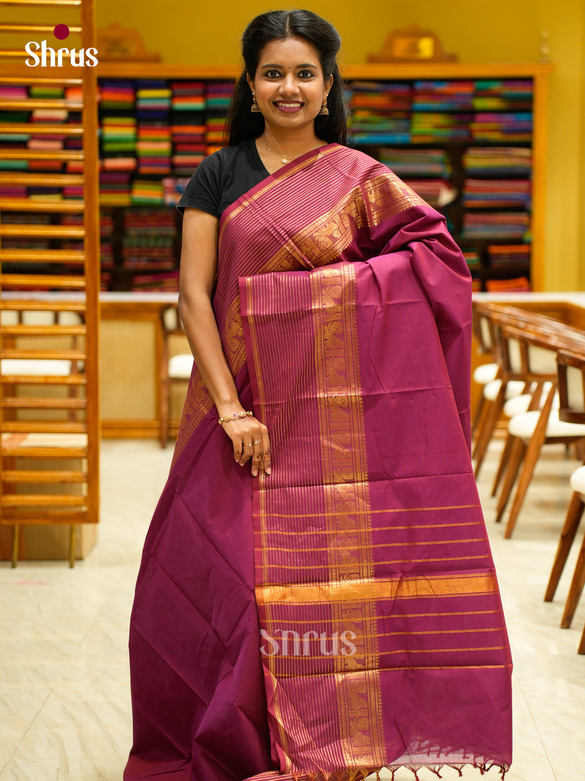 Beautiful Deep Pink Chettinad Cotton Saree With Broad Zari Striped Border & Traditional Pallu