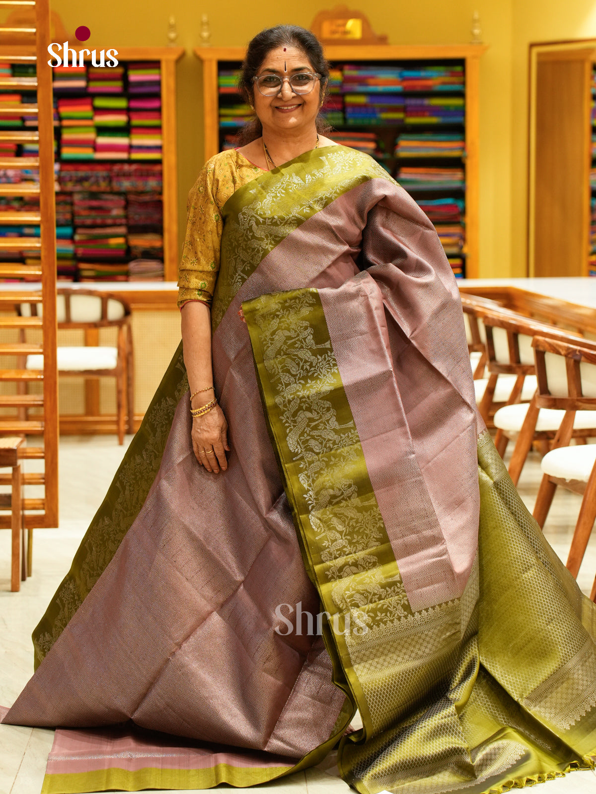 Beautiful Dusty Pink Soft Silk Saree with Stripes and Zigzag Buttas | Olive Green Contrast Border