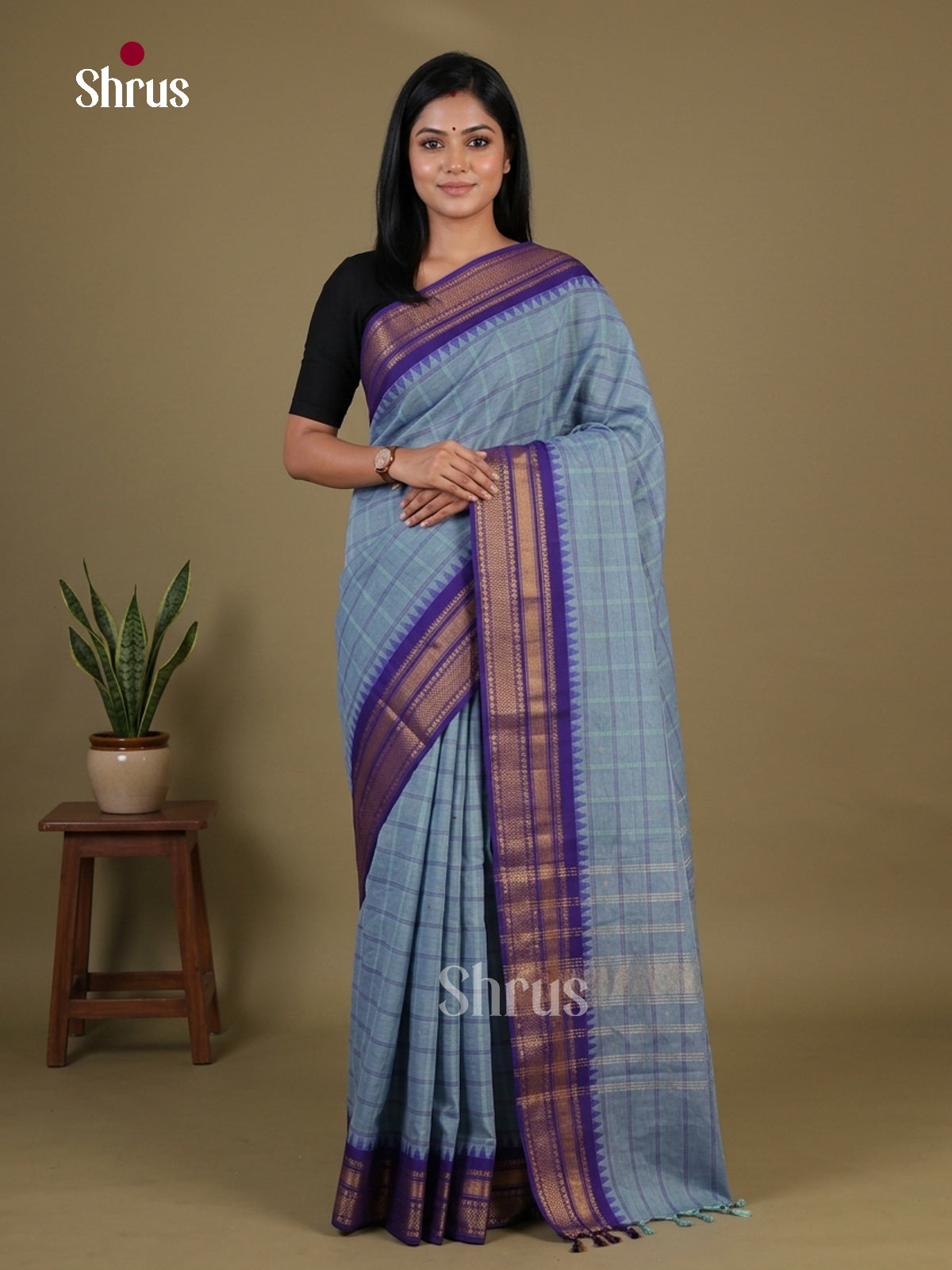 Chettinad Cotton Saree With Checks & Violet Temple Zari Border