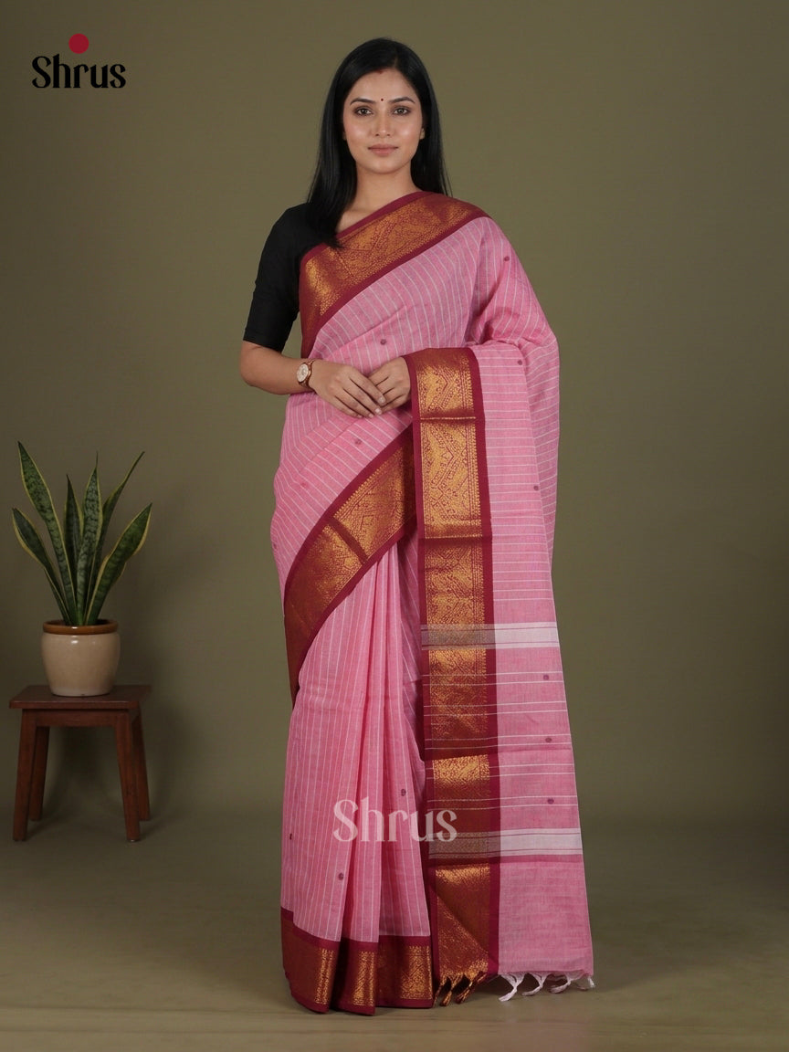Beautiful Light Pink Chettinad Cotton Saree With Stripes, Buttas & Maroon Zari Border