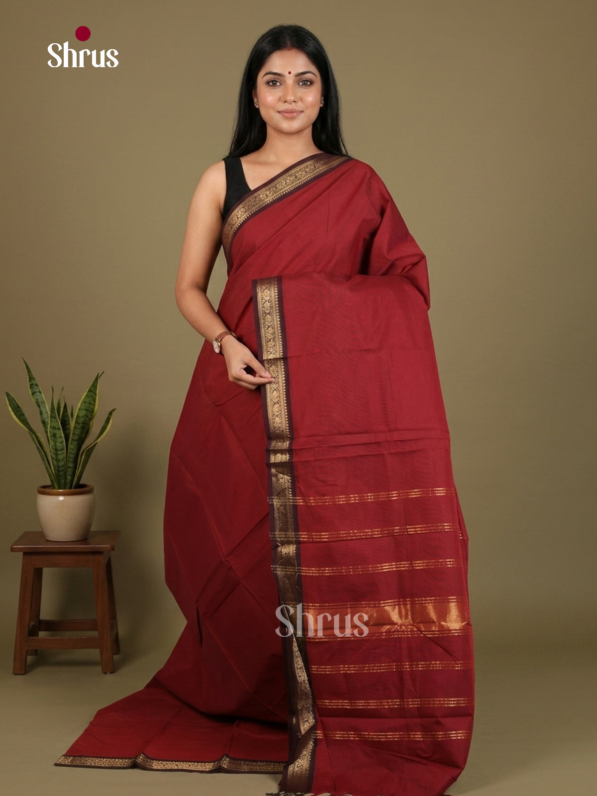 Beautiful Maroon Chettinad Cotton Saree With Small Dark Brown Zari Border & Pallu