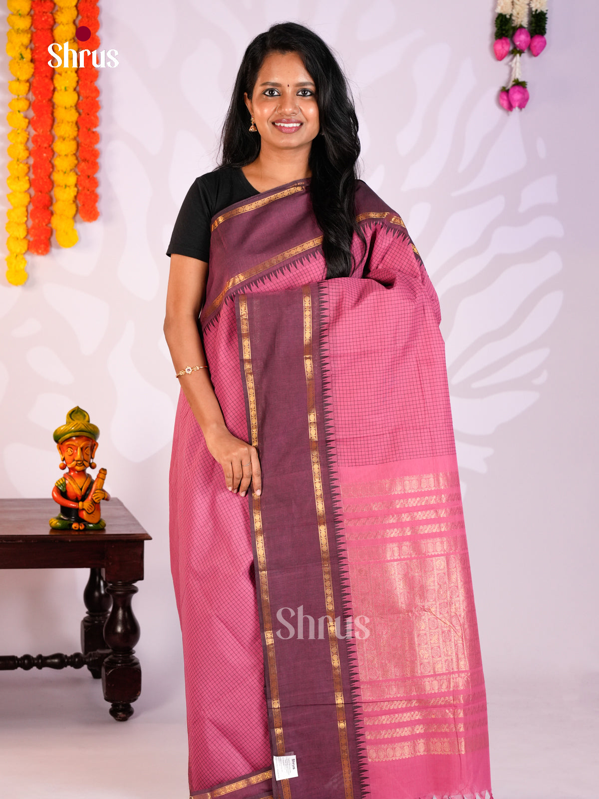 Beautiful Pink Chettinad Cotton Saree With Intricate Checks & Mauve Rettaipet Zari Border