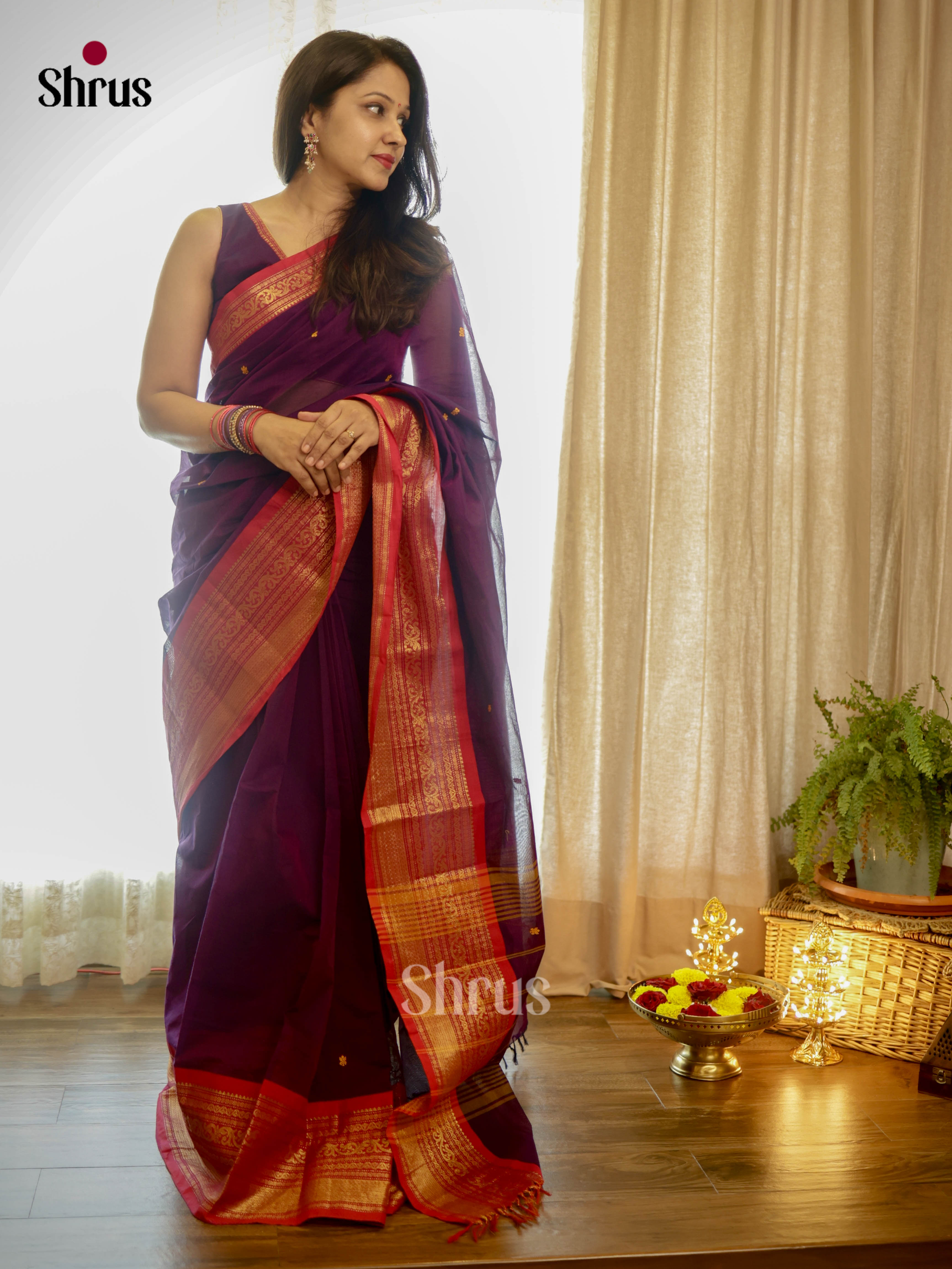 Beautiful Purple Chettinad Cotton Sarees With Thread Woven Buttas & Red Zari Border