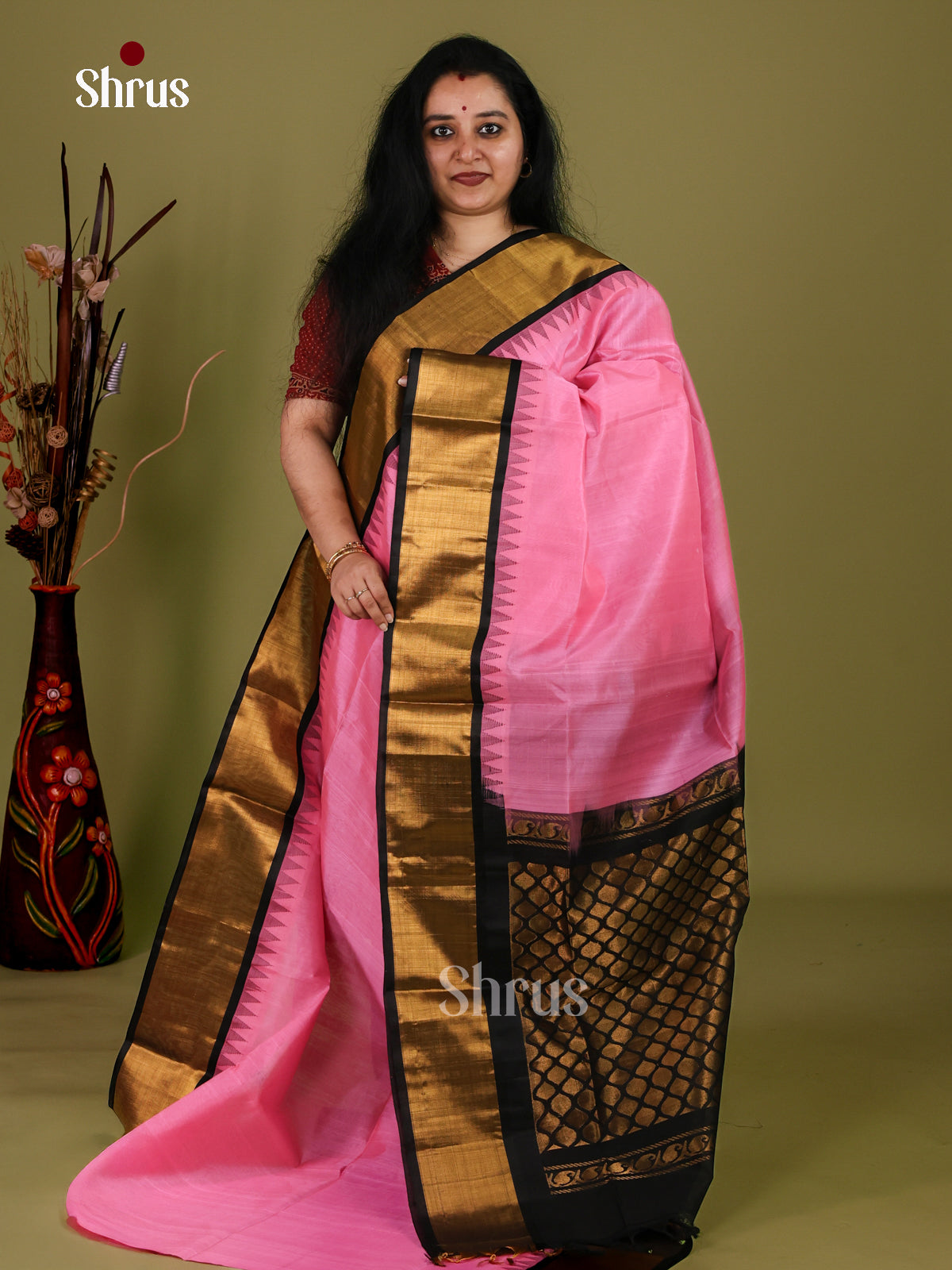 Beautiful Rose Pink Cotton Silk Saree with Plain Body, Black Kaddi Zari Woven Gold Temple Border & Pallu