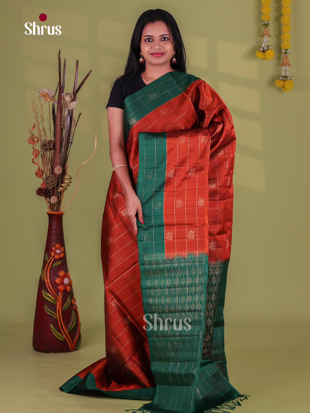 Beautiful Rust Orange Soft Silk Sarees With Gold Zari Checks, Buttas & Green Border & Brocade Pallu