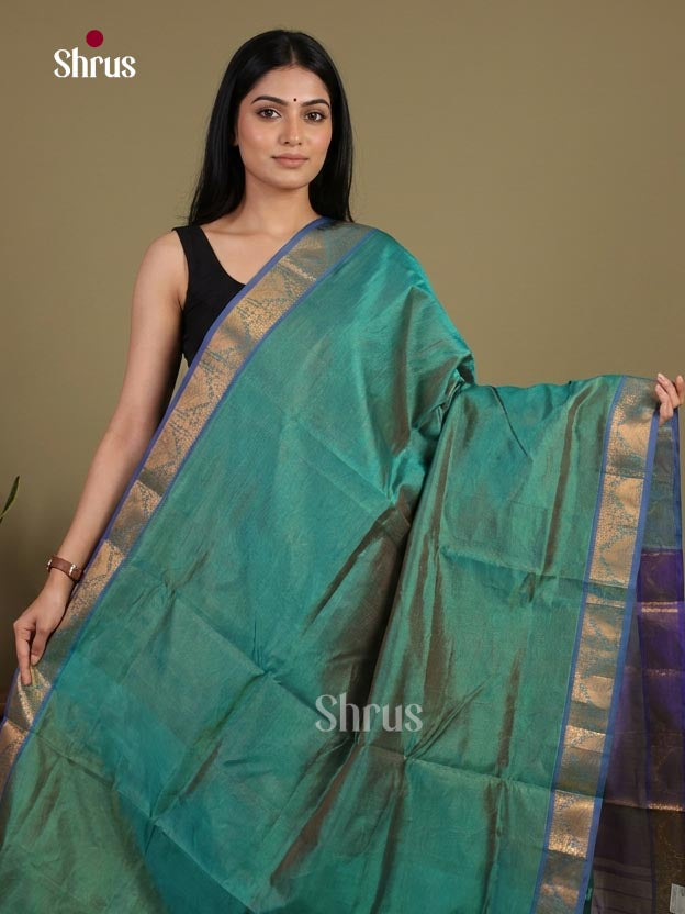 Beautiful Sea Green Cotton Silk Saree With Plain Body, Indigo Zari Woven Border & Pallu 1