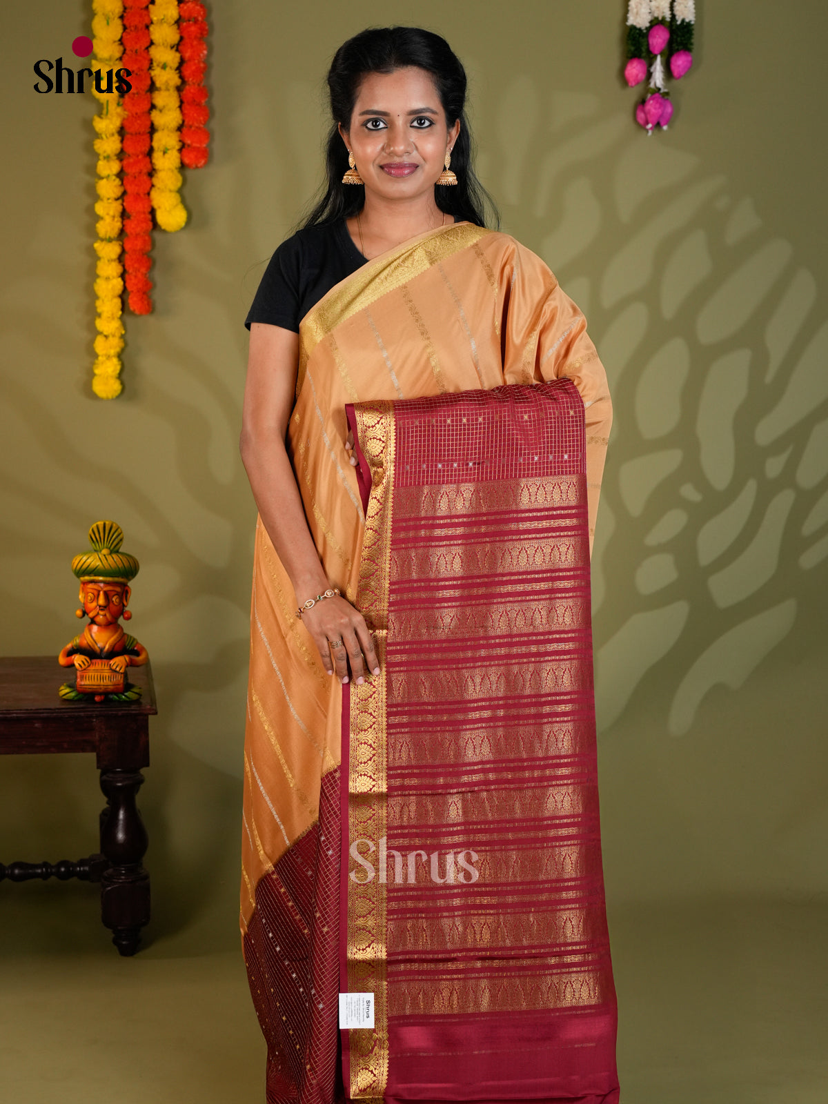 Buy Classy Beige Half & Half Mysore Silk Saree with Gold Stripes, Maroon Checks & Zari Pallu