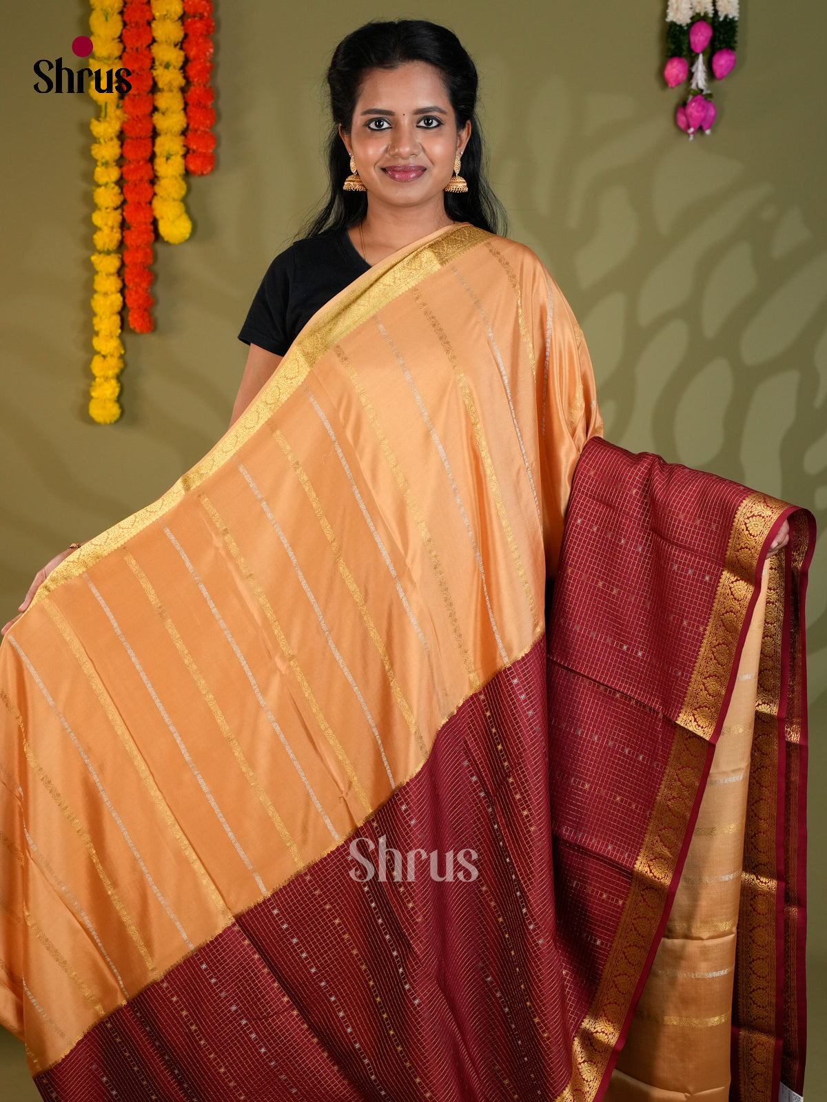 Buy Classy Beige Half & Half Pure Mysore Silk Saree with Gold Stripes, Maroon Checks & Zari Pallu