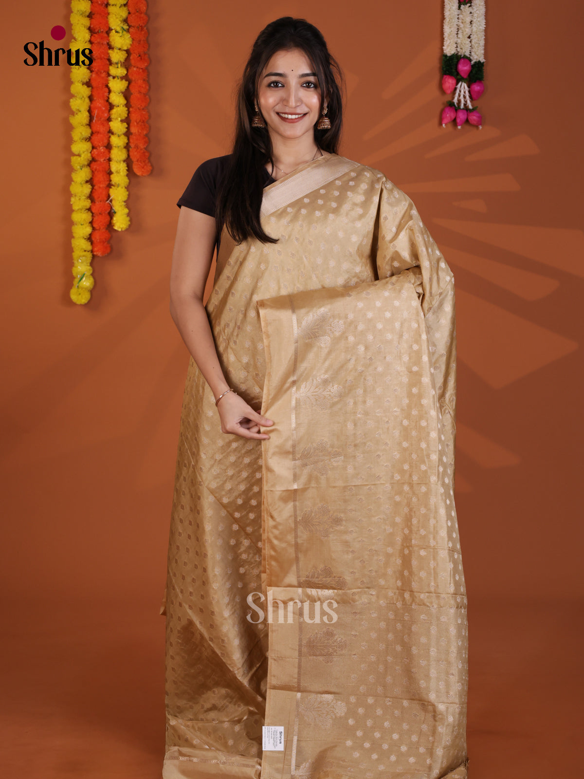 Buy Charming Beige North Silk Cotton Saree With Golden Buttas, Self Border & Pallu