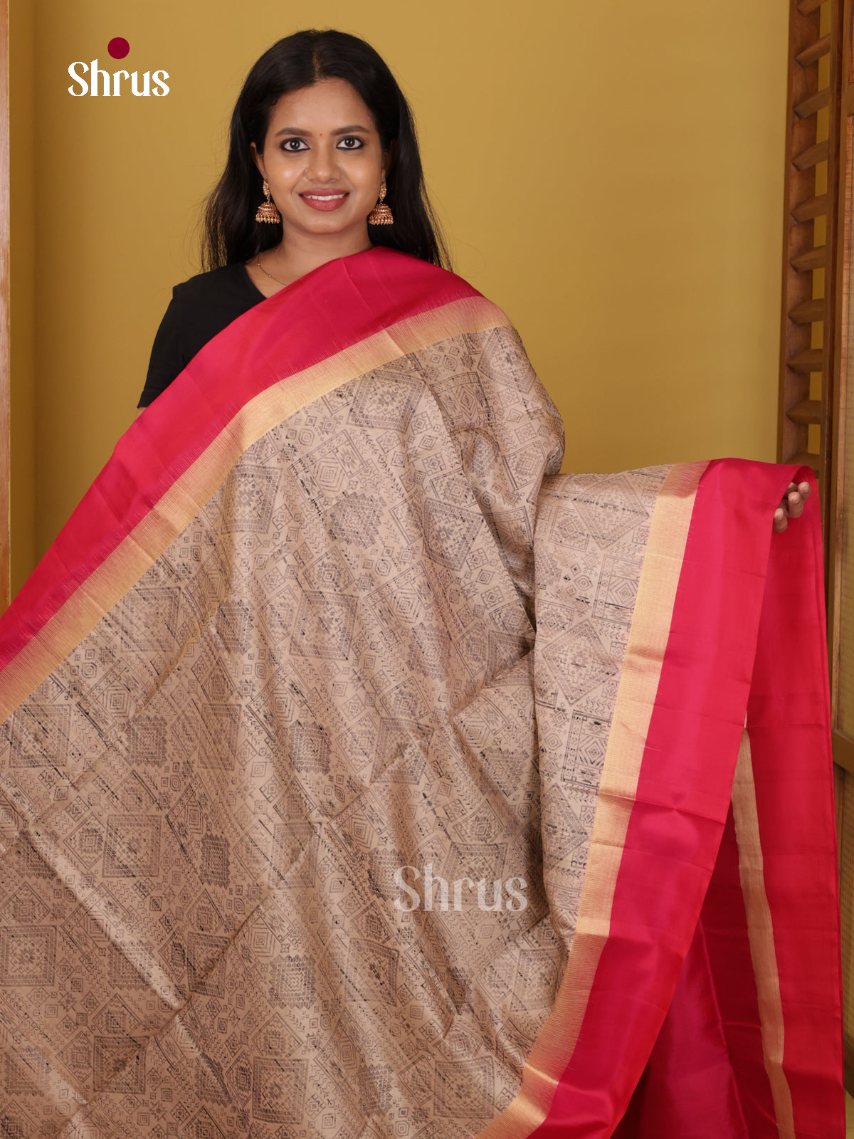 Buy Ornate Beige Printed Pure Soft Silk Saree With Tribal Prints, Plain Pink Border & Brocade Pallu