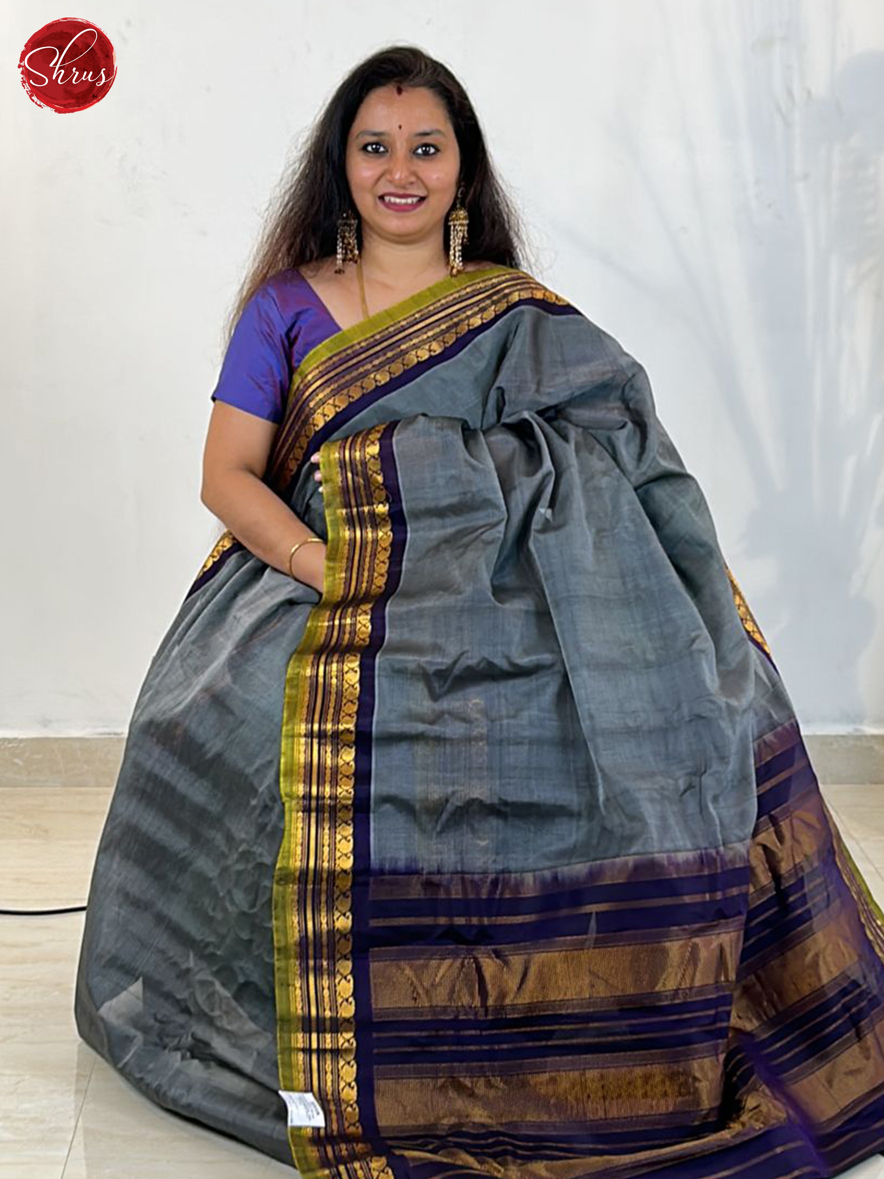 Grey & Blue - Gadwal Silk Cotton Saree - Shop on ShrusEternity.com