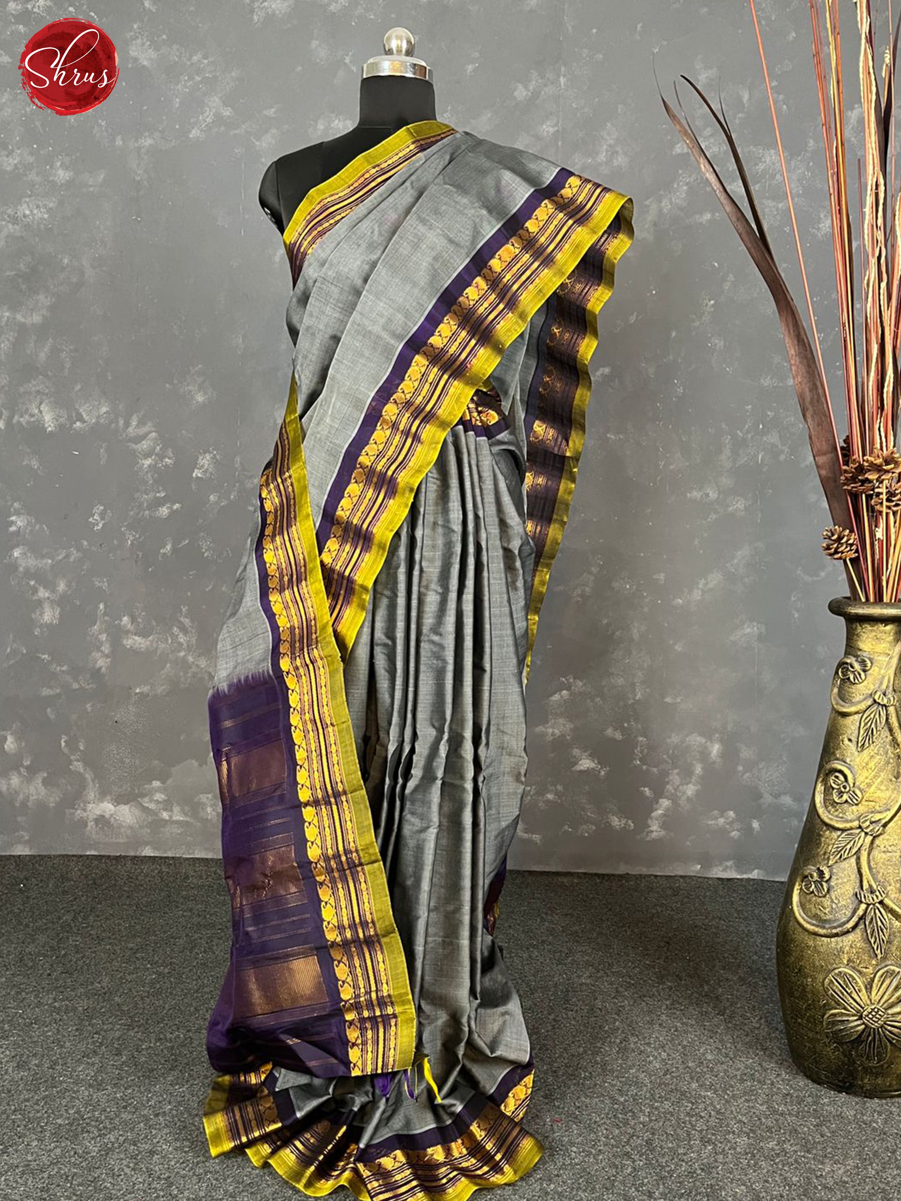 Grey & Blue - Gadwal Silk Cotton Saree - Shop on ShrusEternity.com