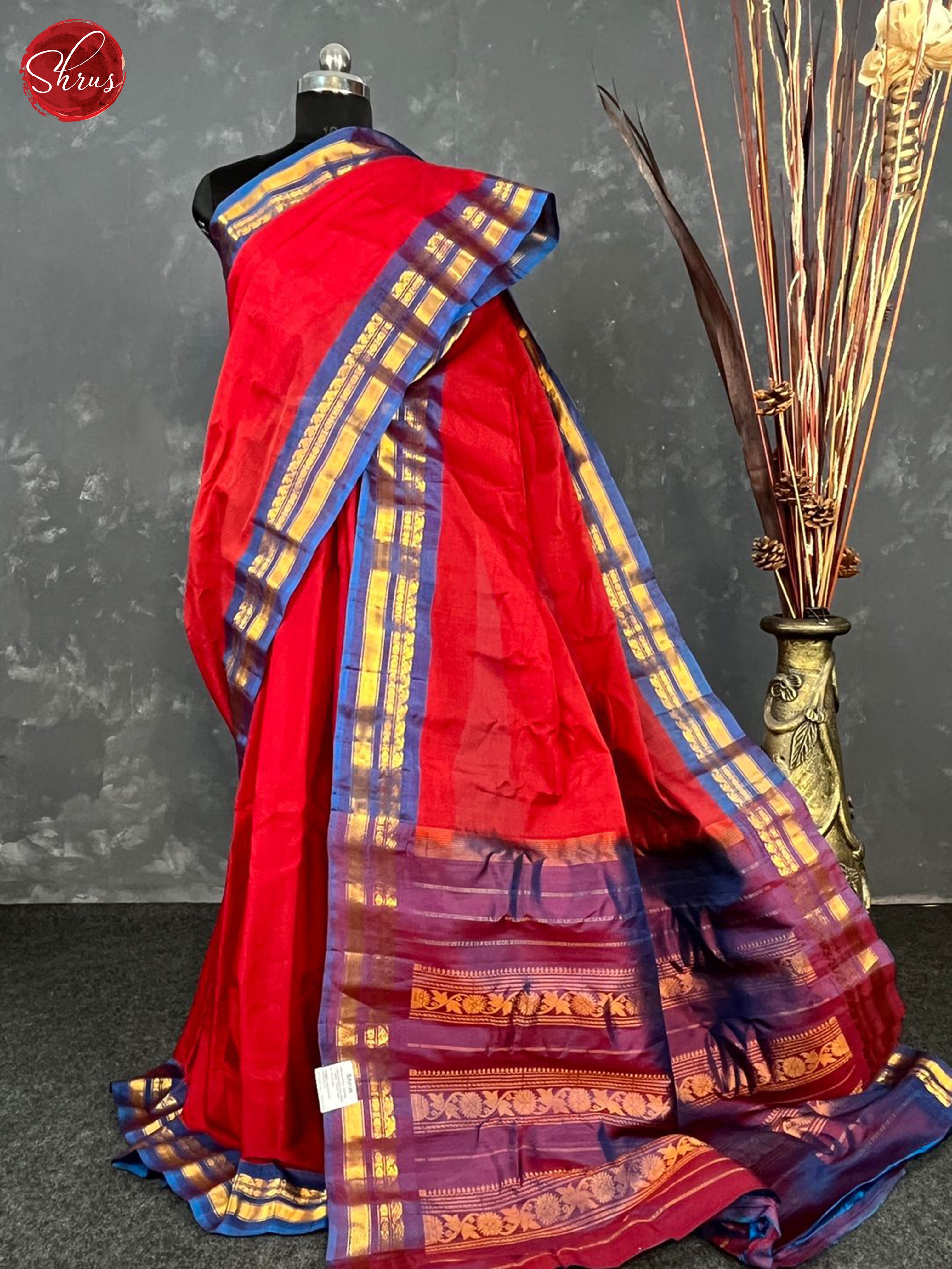 Red & Blue - Gadwal Silk Cotton Saree - Shop on ShrusEternity.com