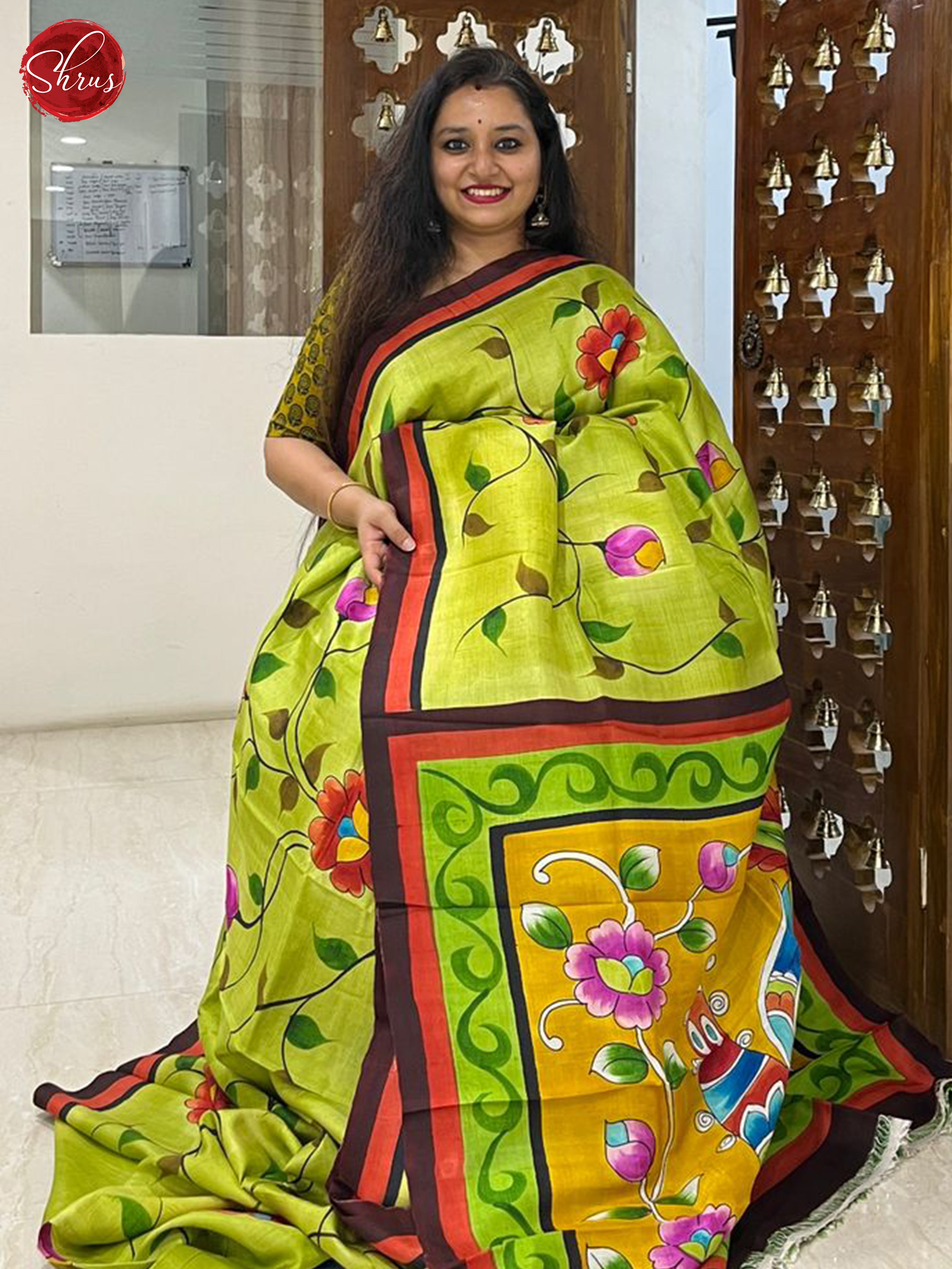 Lime Green & Green - Murshidabad Silk Saree - Shop on ShrusEternity.com