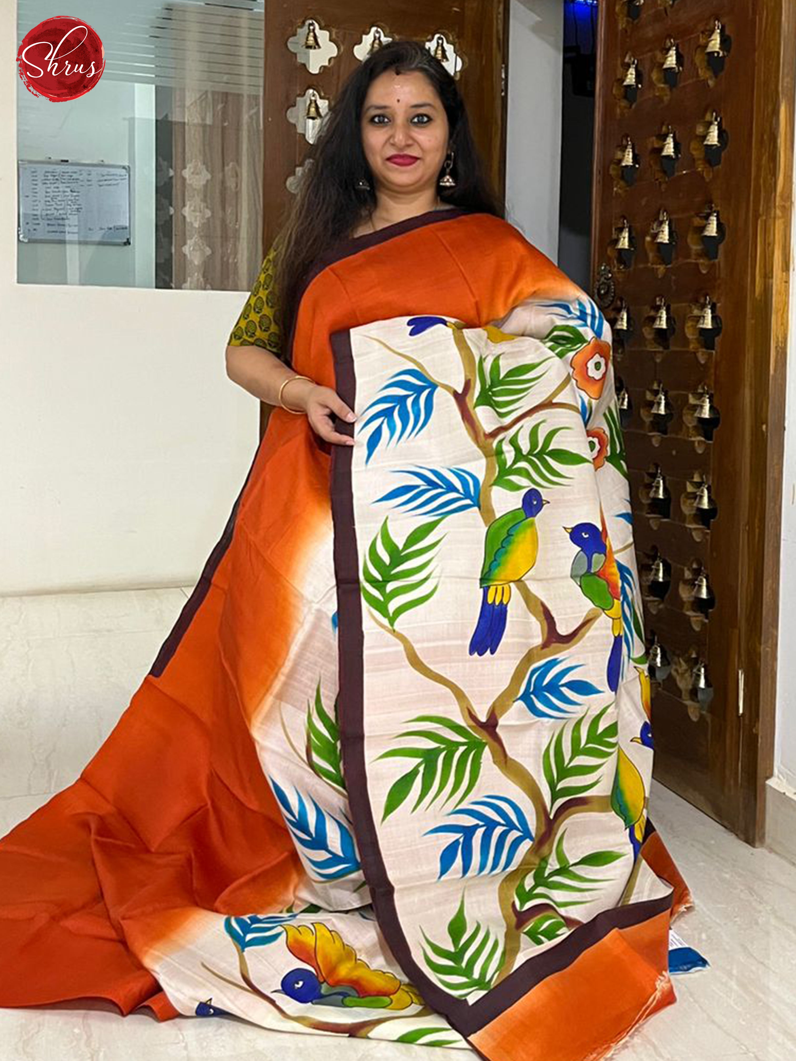 Cream & Orange- Murshidabad Silk Saree - Shop on ShrusEternity.com