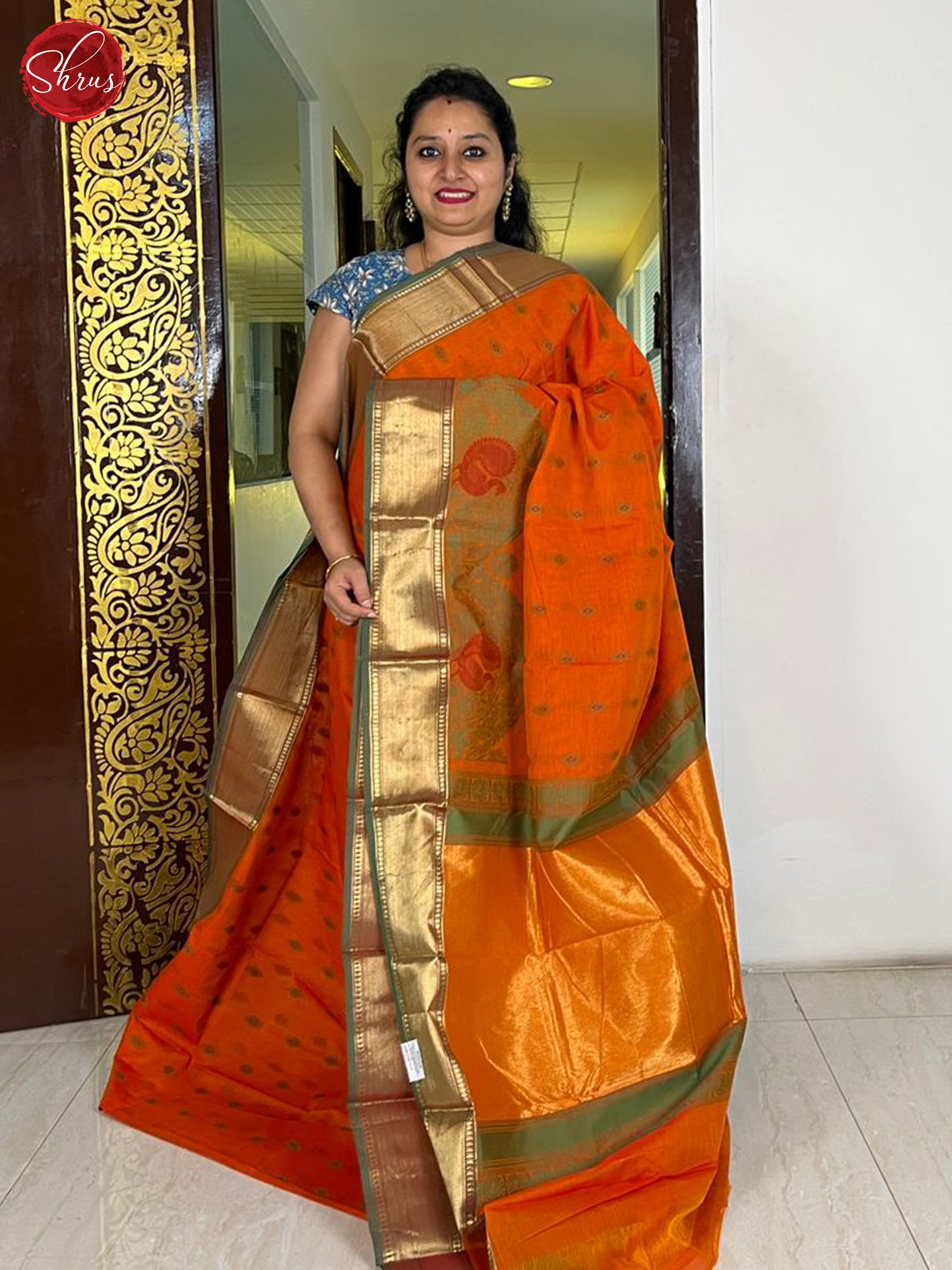 Orange & Green - Kanchi Cotton Saree - Shop on ShrusEternity.com