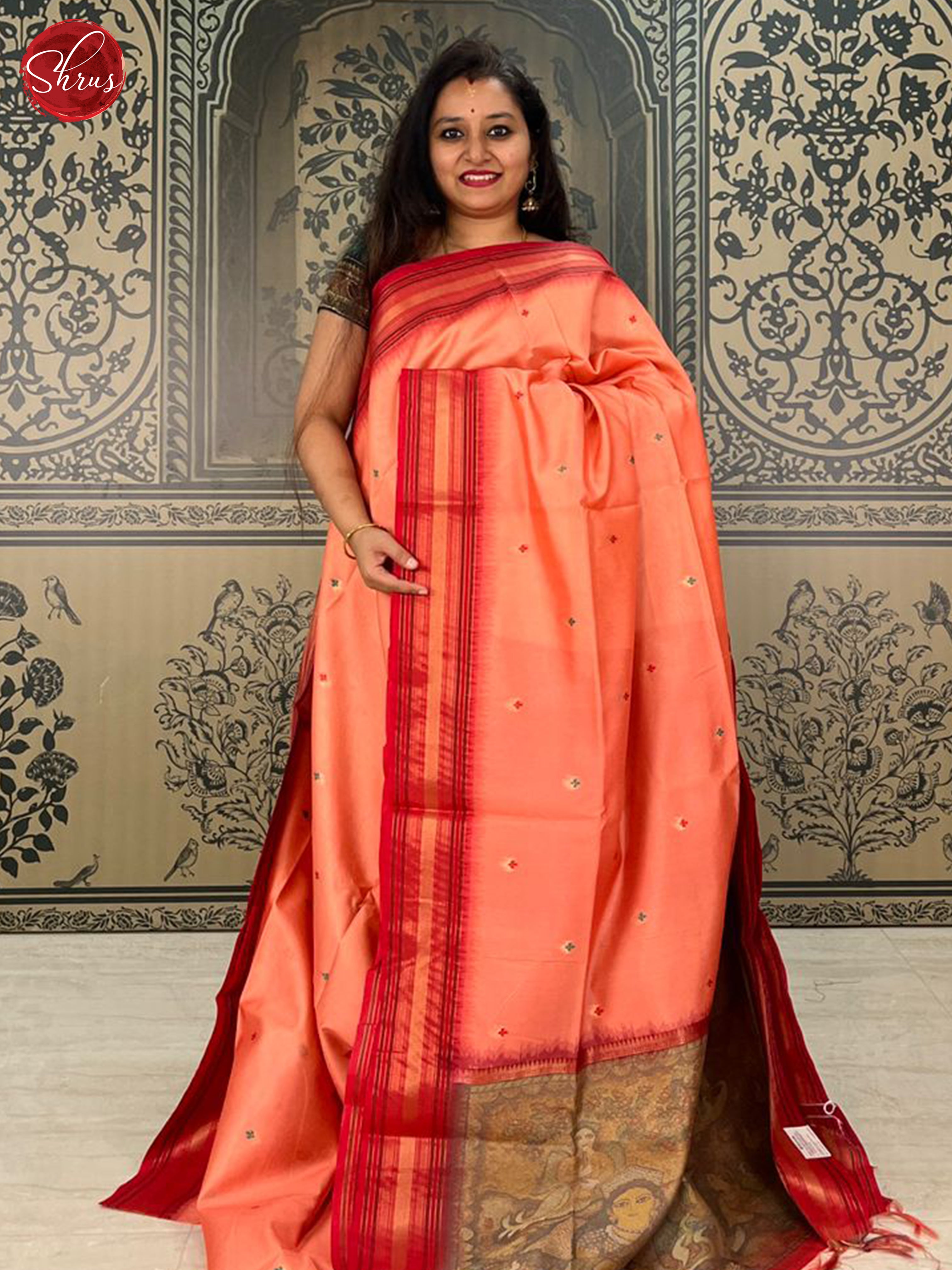 Peach & Red - Semi Tussar Saree - Shop on ShrusEternity.com